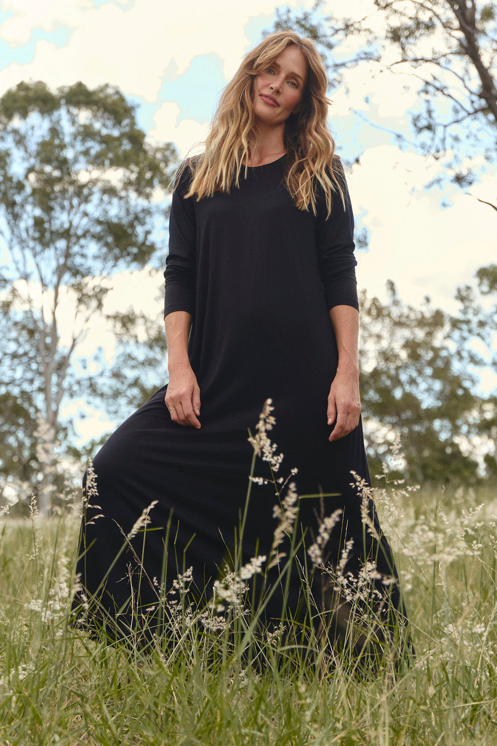 Long Sleeve Swing Dress in Black, Midi Dress - Adrift Clothing