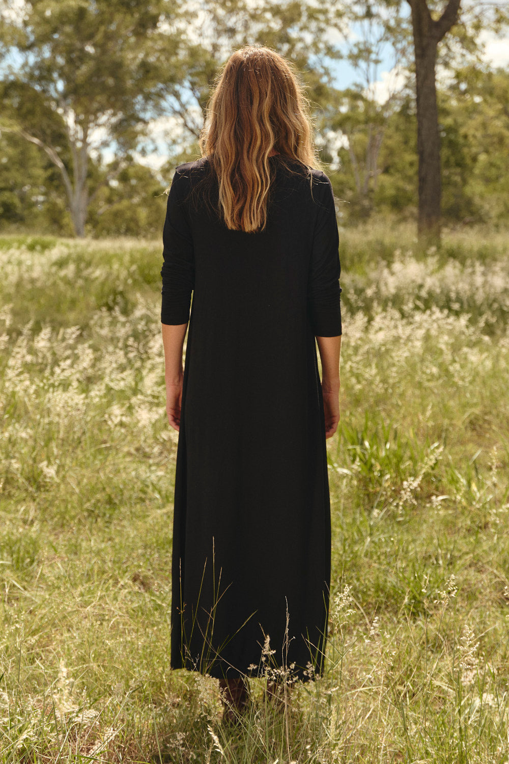 Long Sleeve Swing Dress in Black, Midi Dress - Adrift Clothing