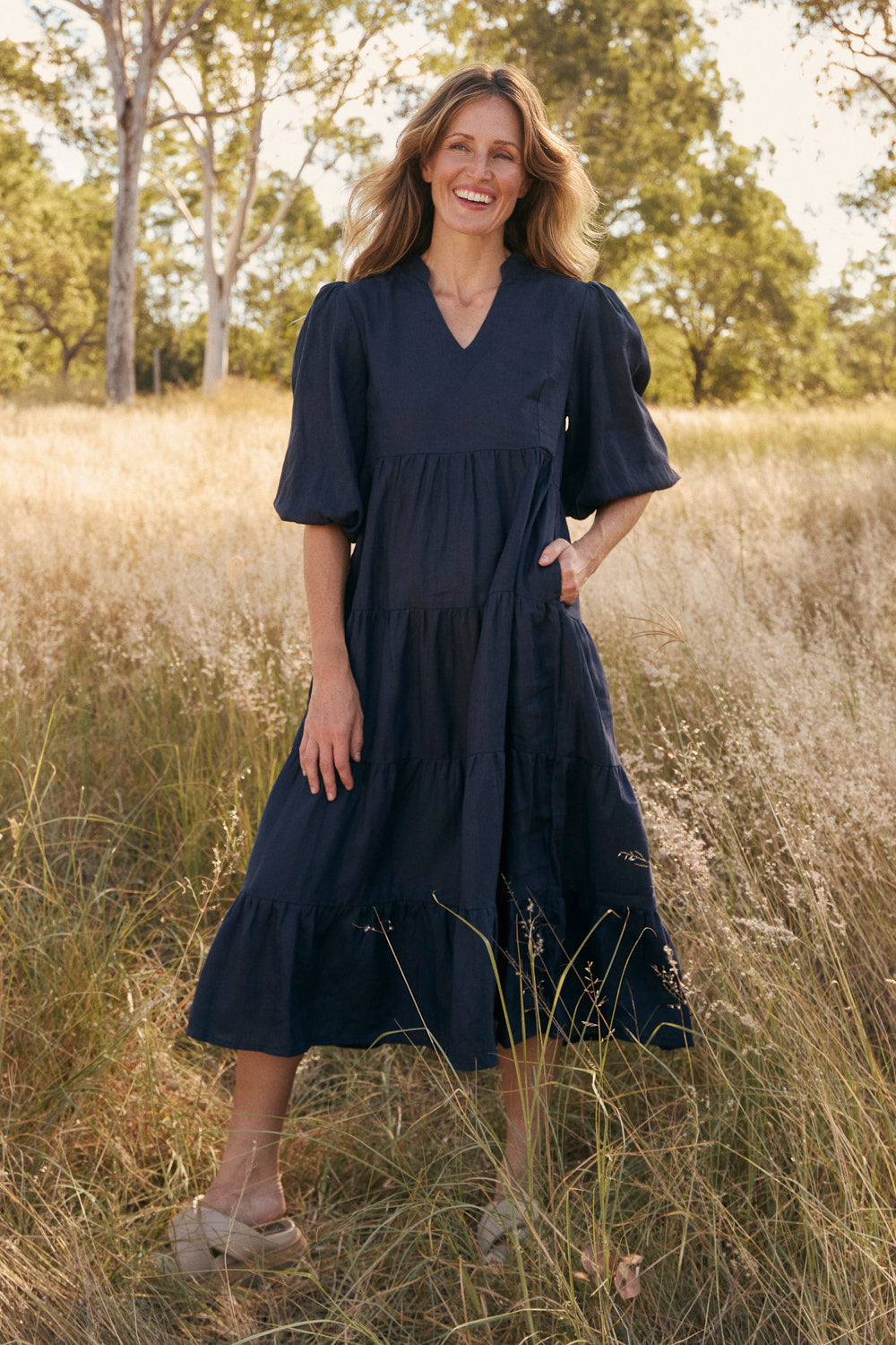 knee length dresses for ladies Linen V Neck Dress Persimmon / X-Large main image 0