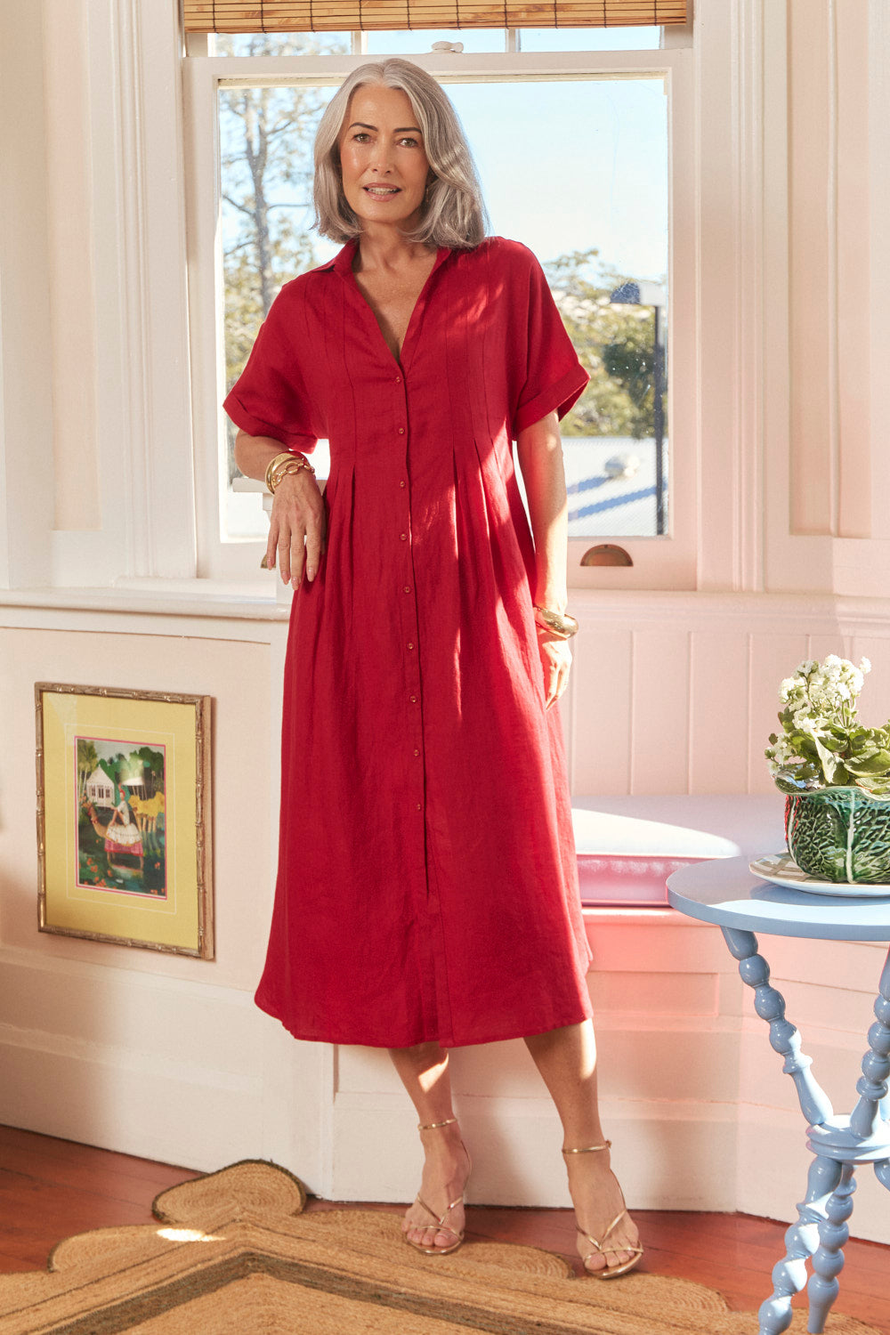 Bridget Linen Pleated Dress in Chilli