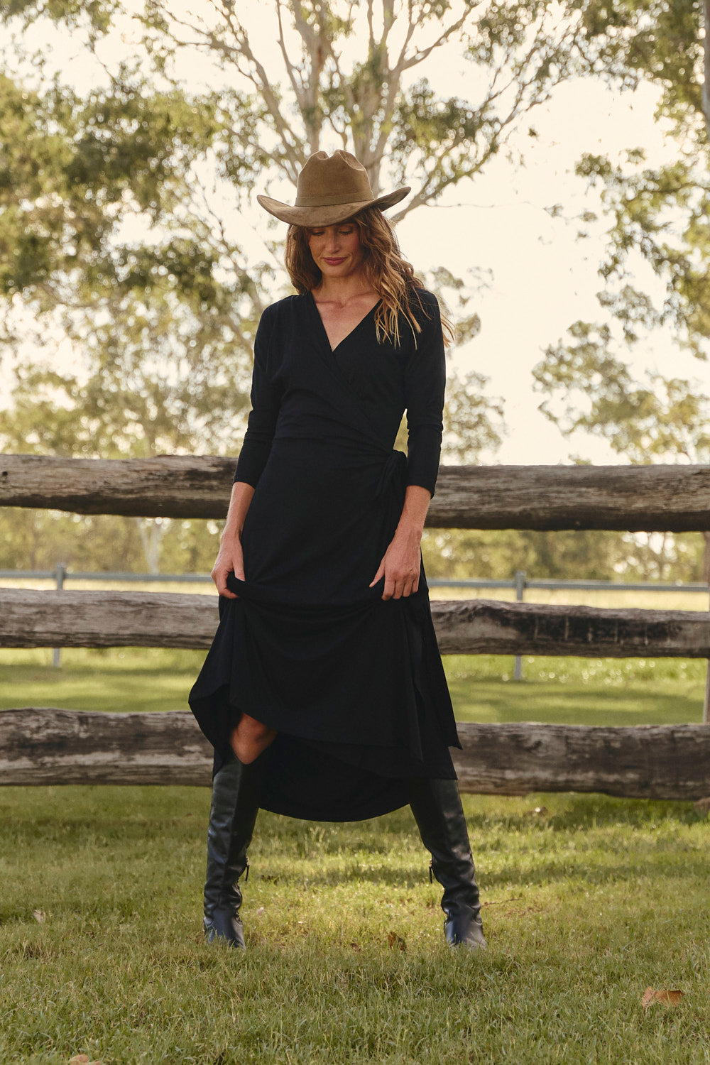 Wrap Stretch Dress in Black, Midi Dress - Adrift Clothing