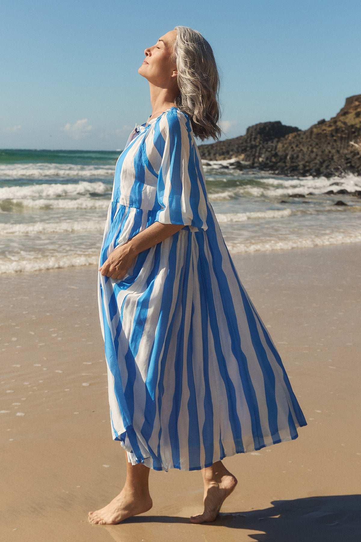 Freya Cotton Silk Reversible Billow Dress in Yacht Club