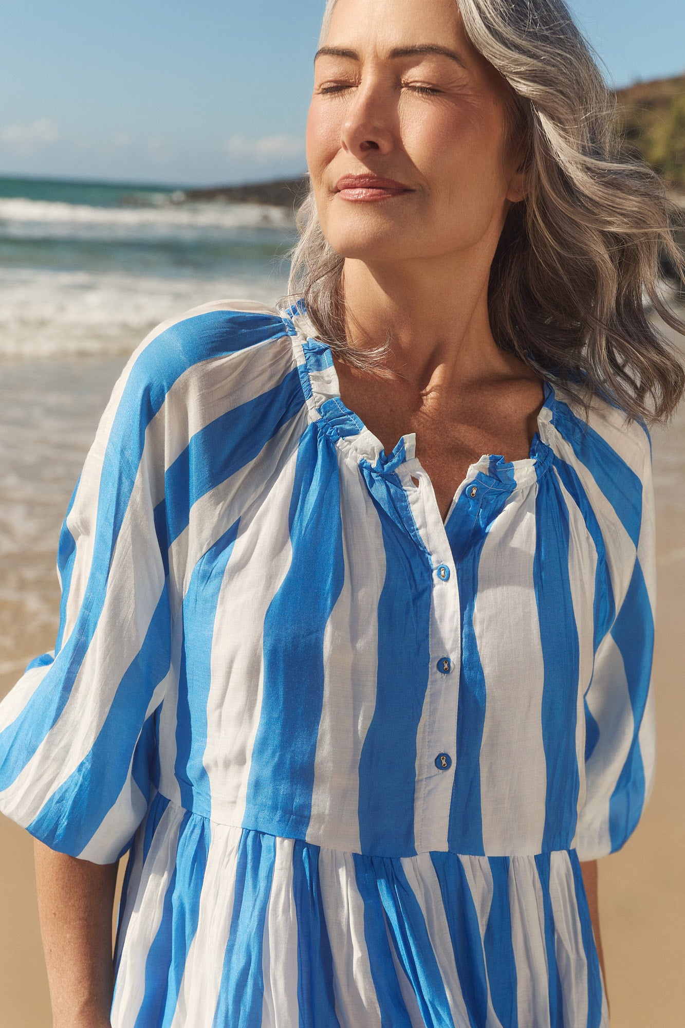 Freya Cotton Silk Reversible Billow Dress in Yacht Club
