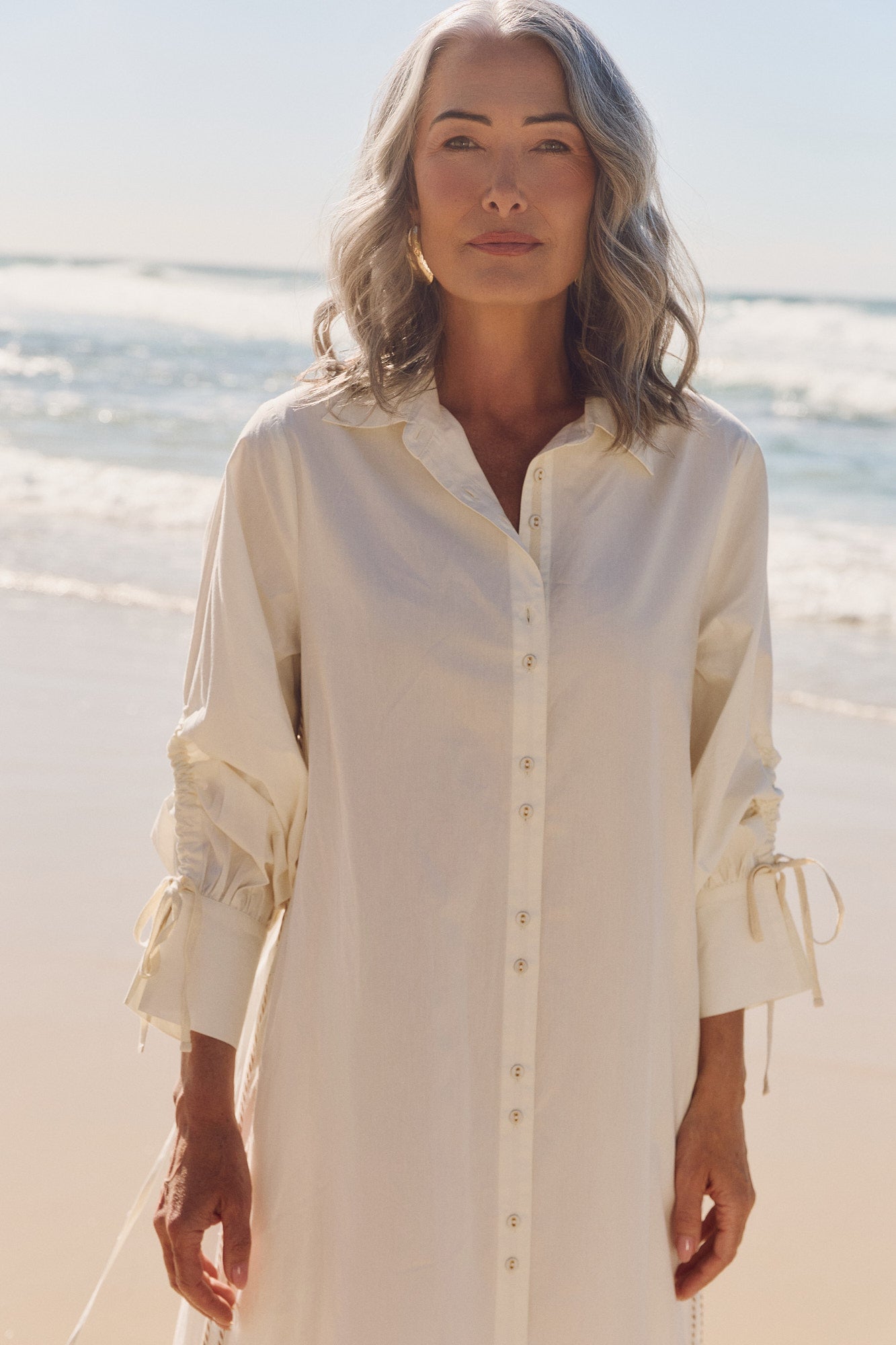 Andie Collared Drawstring Dress in Natural