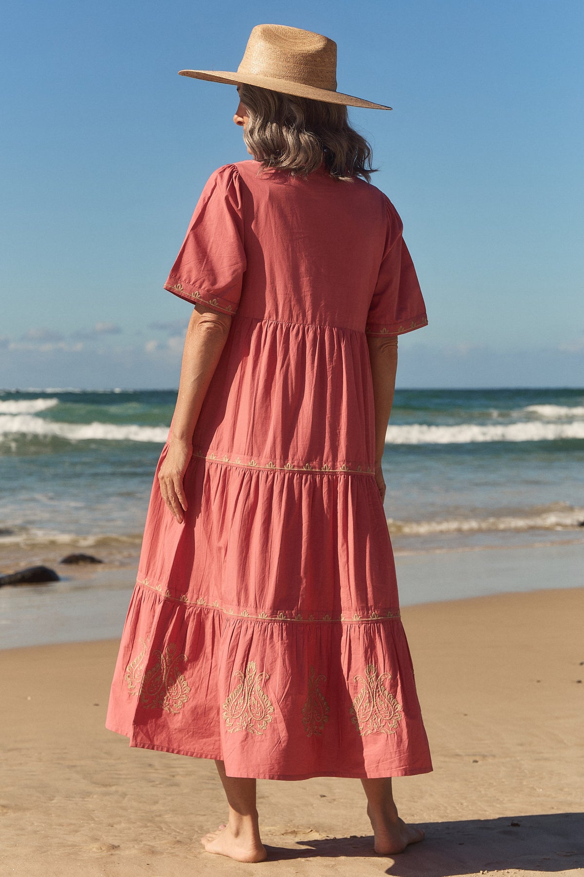 Sabre Embroidered V-Neck Dress in Vintage Rose