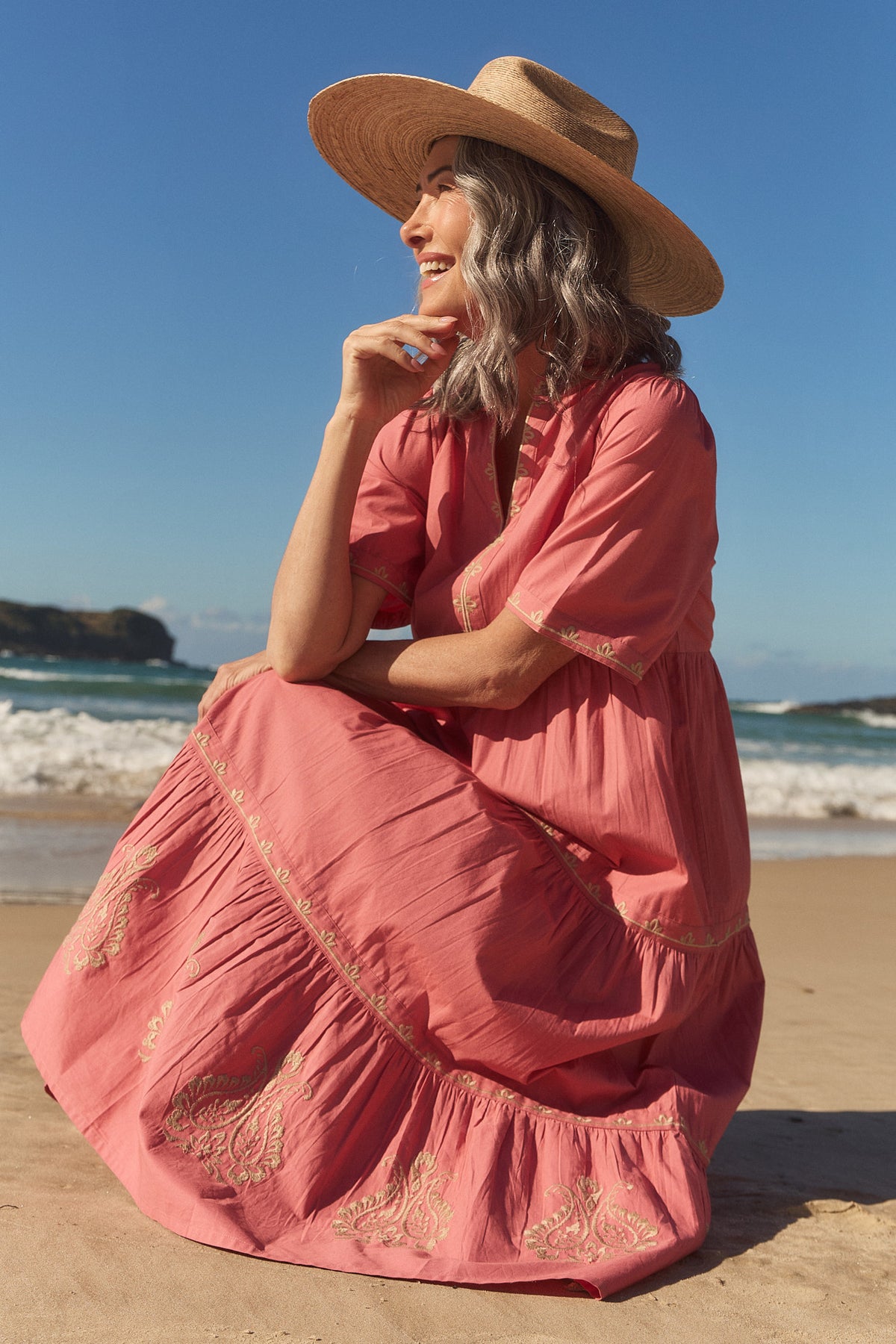 Sabre Embroidered V-Neck Dress in Vintage Rose