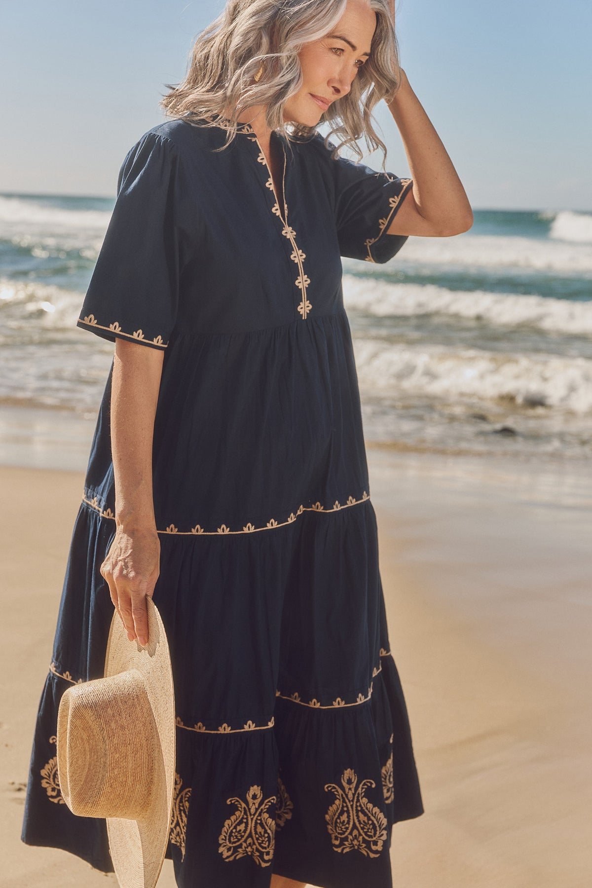 Sabre Embroidered V-Neck Dress in Navy