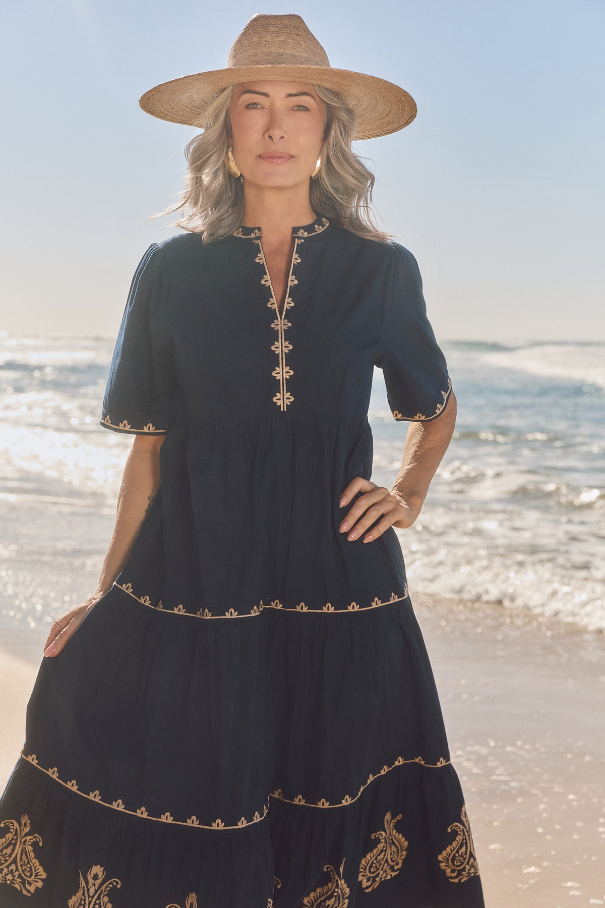 Sabre Embroidered V-Neck Dress in Navy