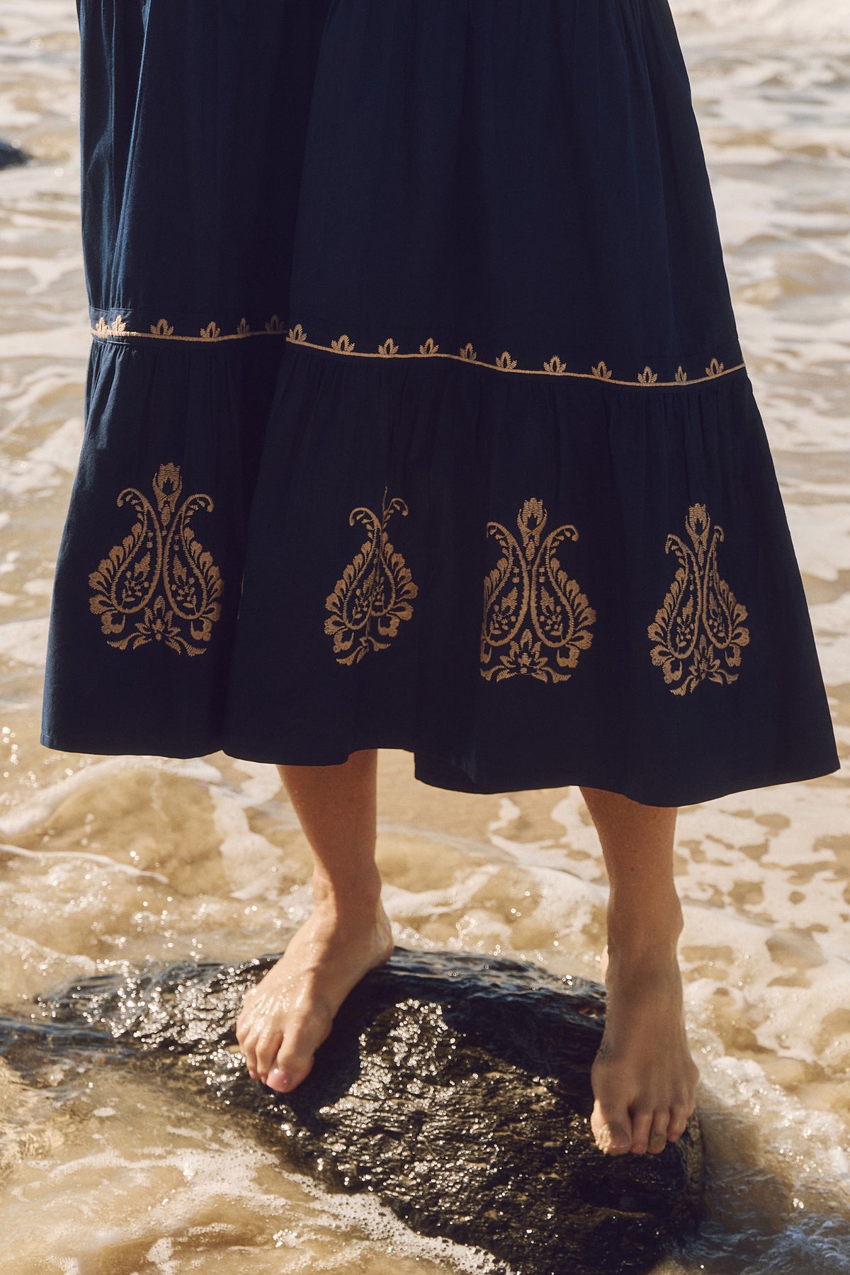 Sabre Embroidered V-Neck Dress in Navy