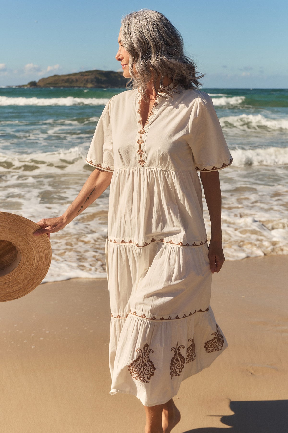 Sabre Embroidered V-Neck Dress in Natural