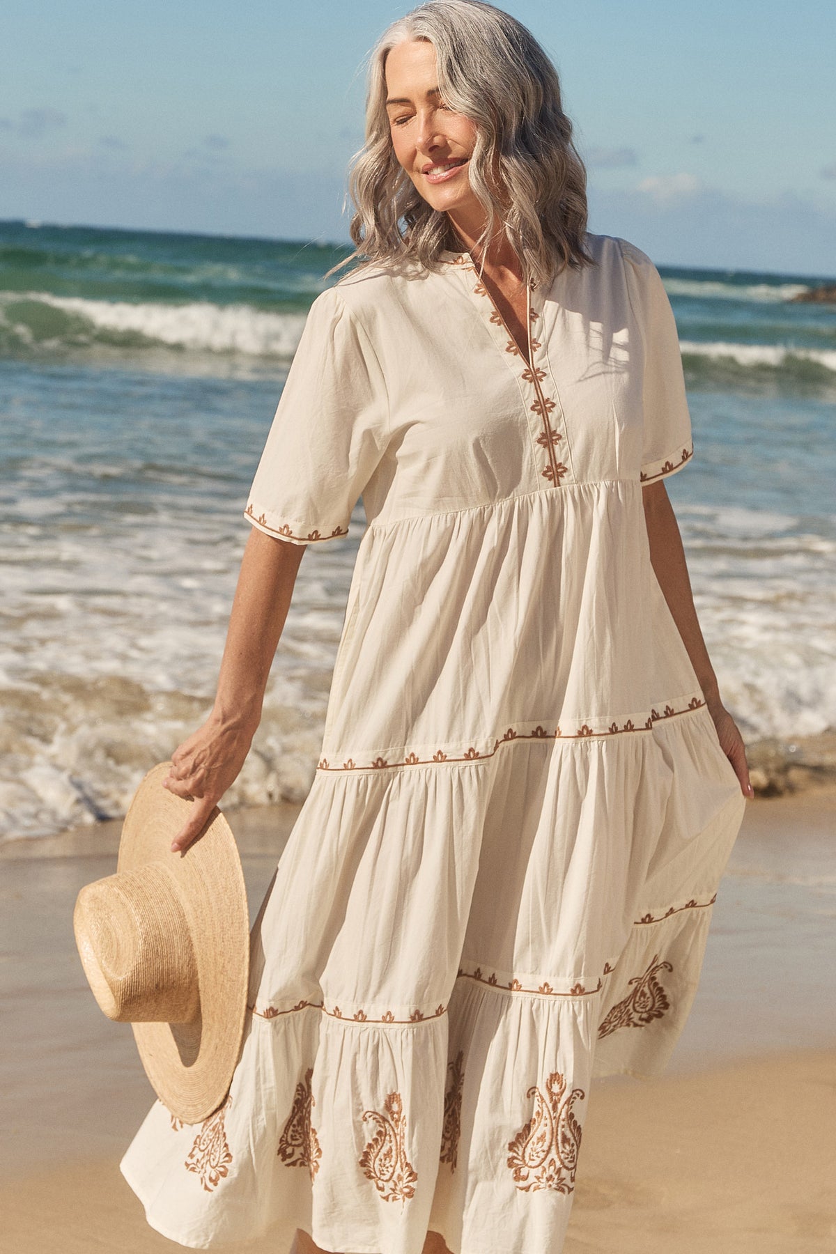 Sabre Embroidered V-Neck Dress in Natural