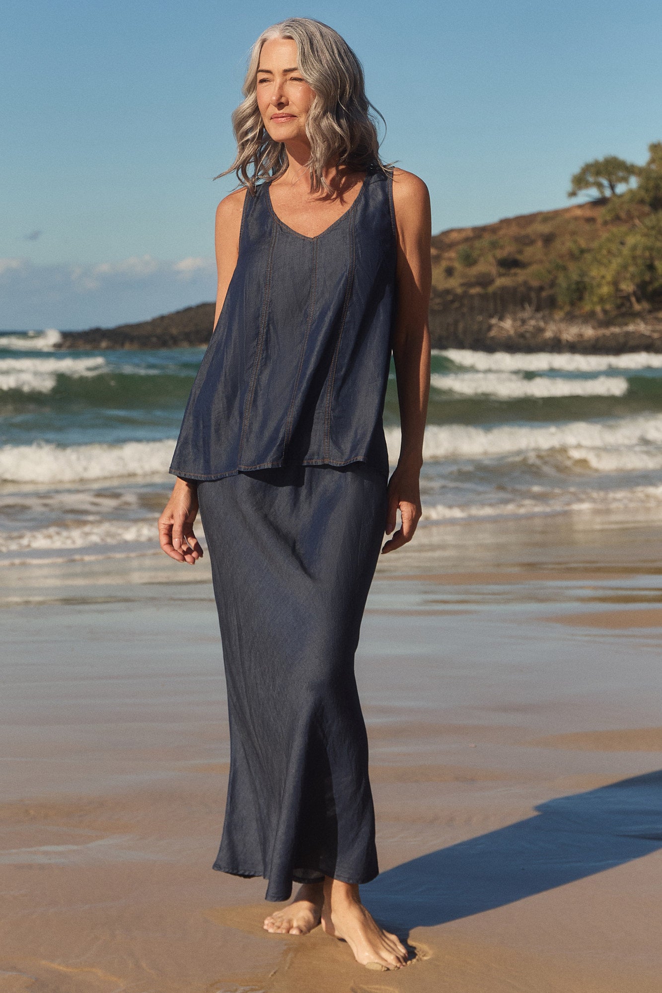 Sadie Tencel Denim Swing Top in Dark Wash