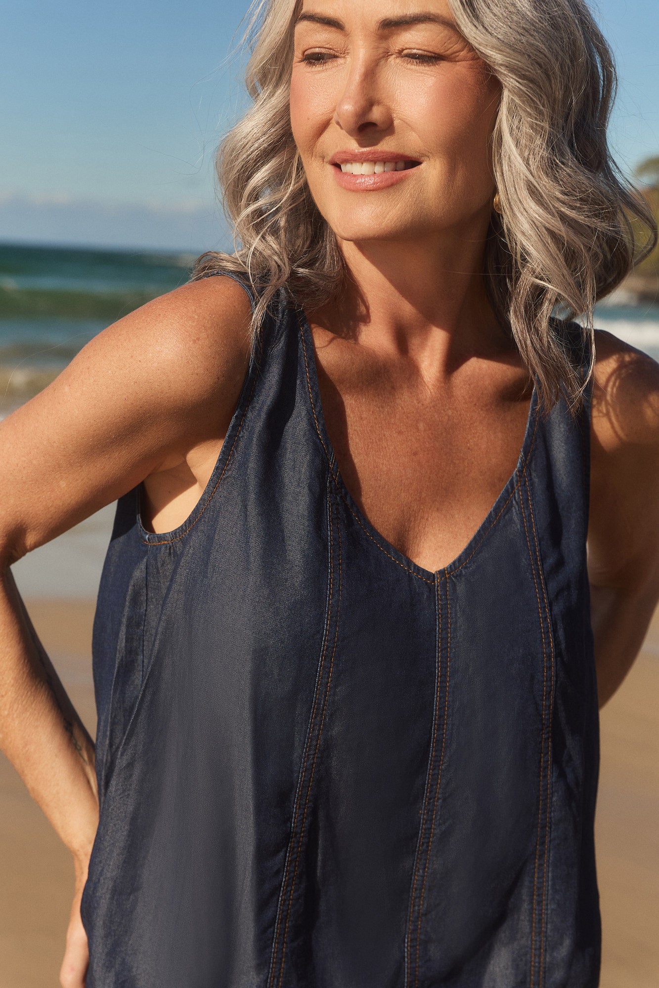 Sadie Tencel Denim Swing Top in Dark Wash