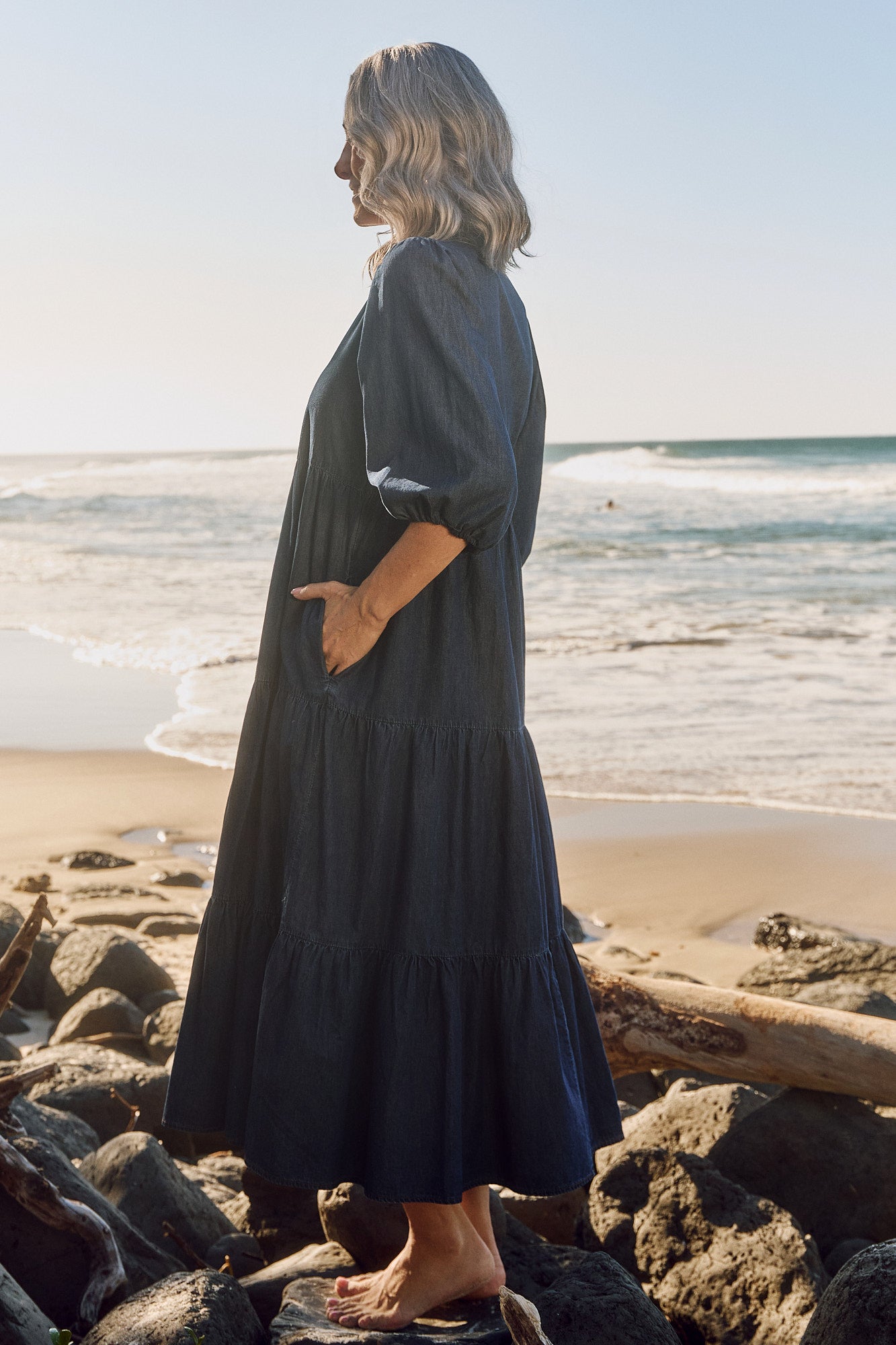 Sienna Chambray Billow Dress in Dark Wash