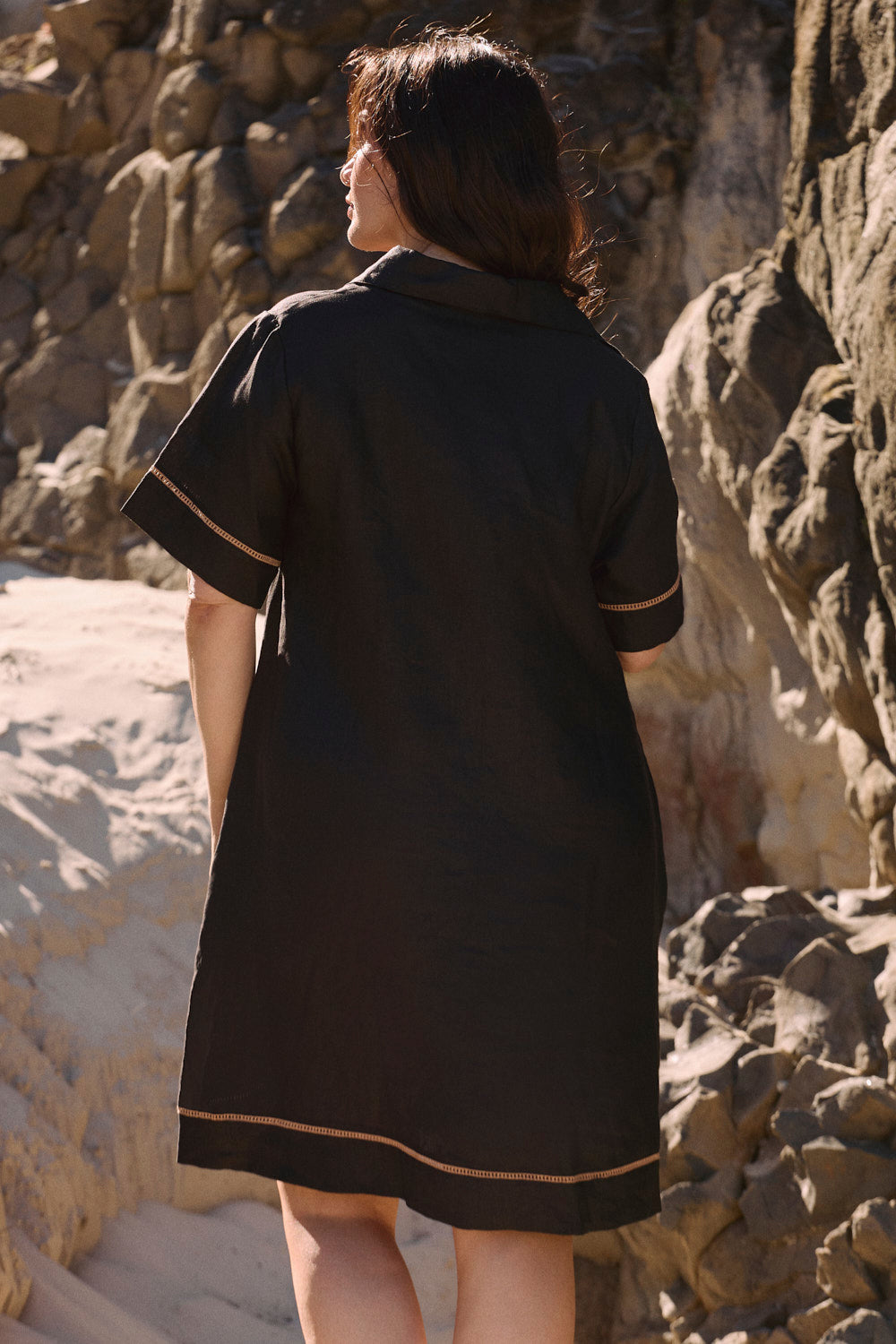 Leni Linen Short Collared Dress in Lace Black in sustainable 100% linen, designed in Brisbane Australia
