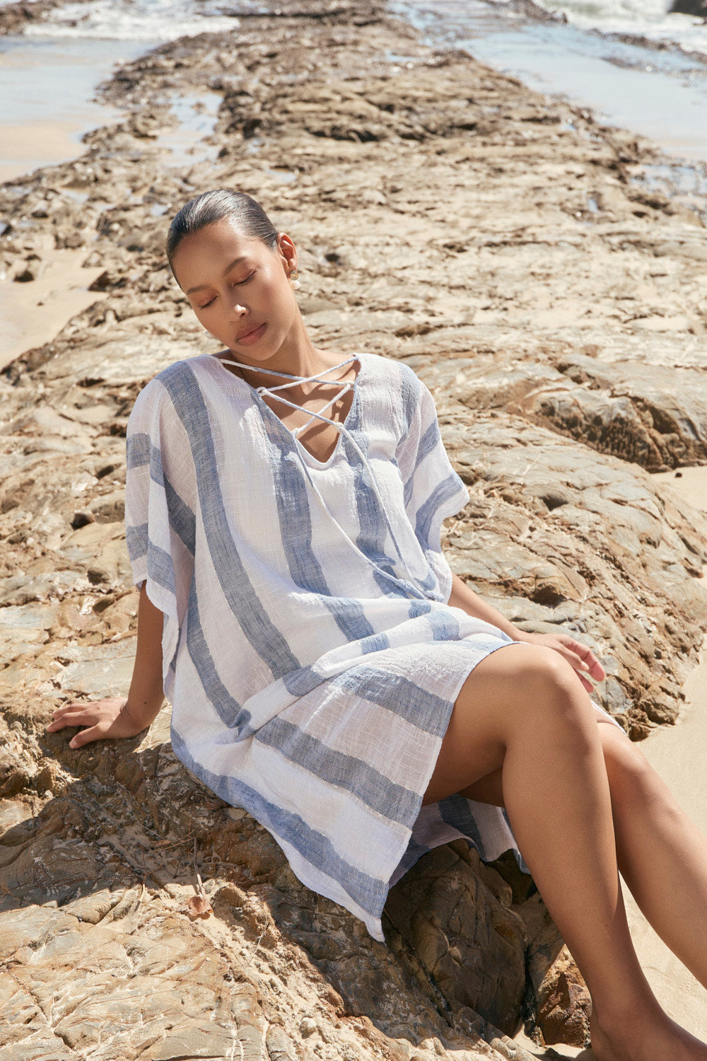 Liesl Short Kaftan in Blue Stripe