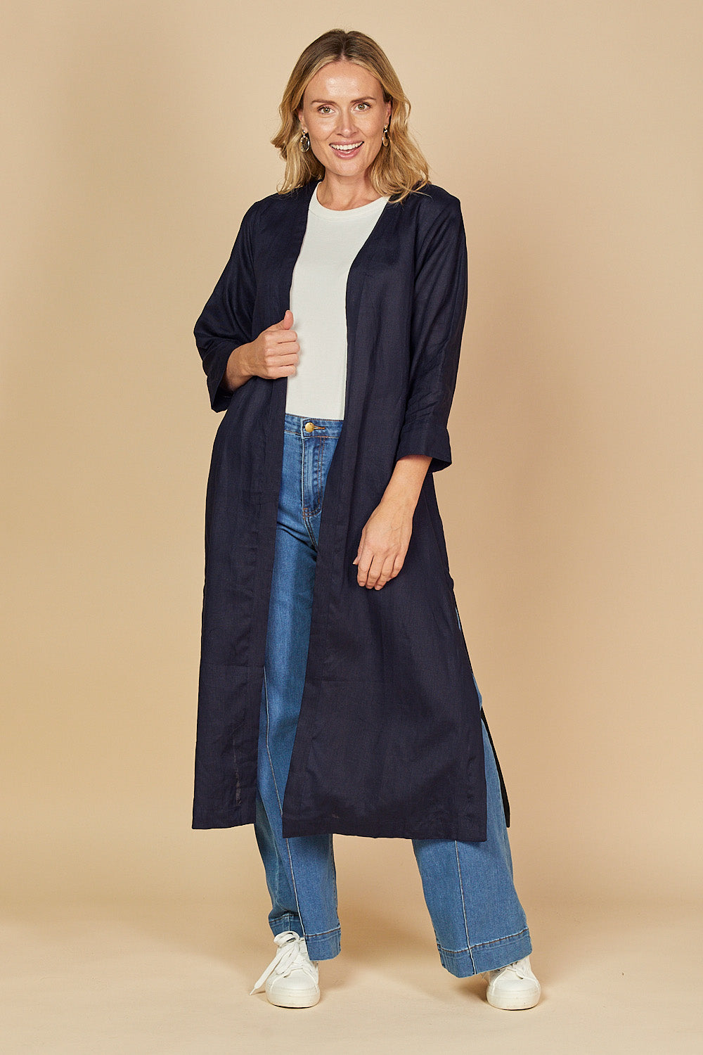 Long Line Linen Duster Jacket in Navy, Jacket - Adrift Clothing