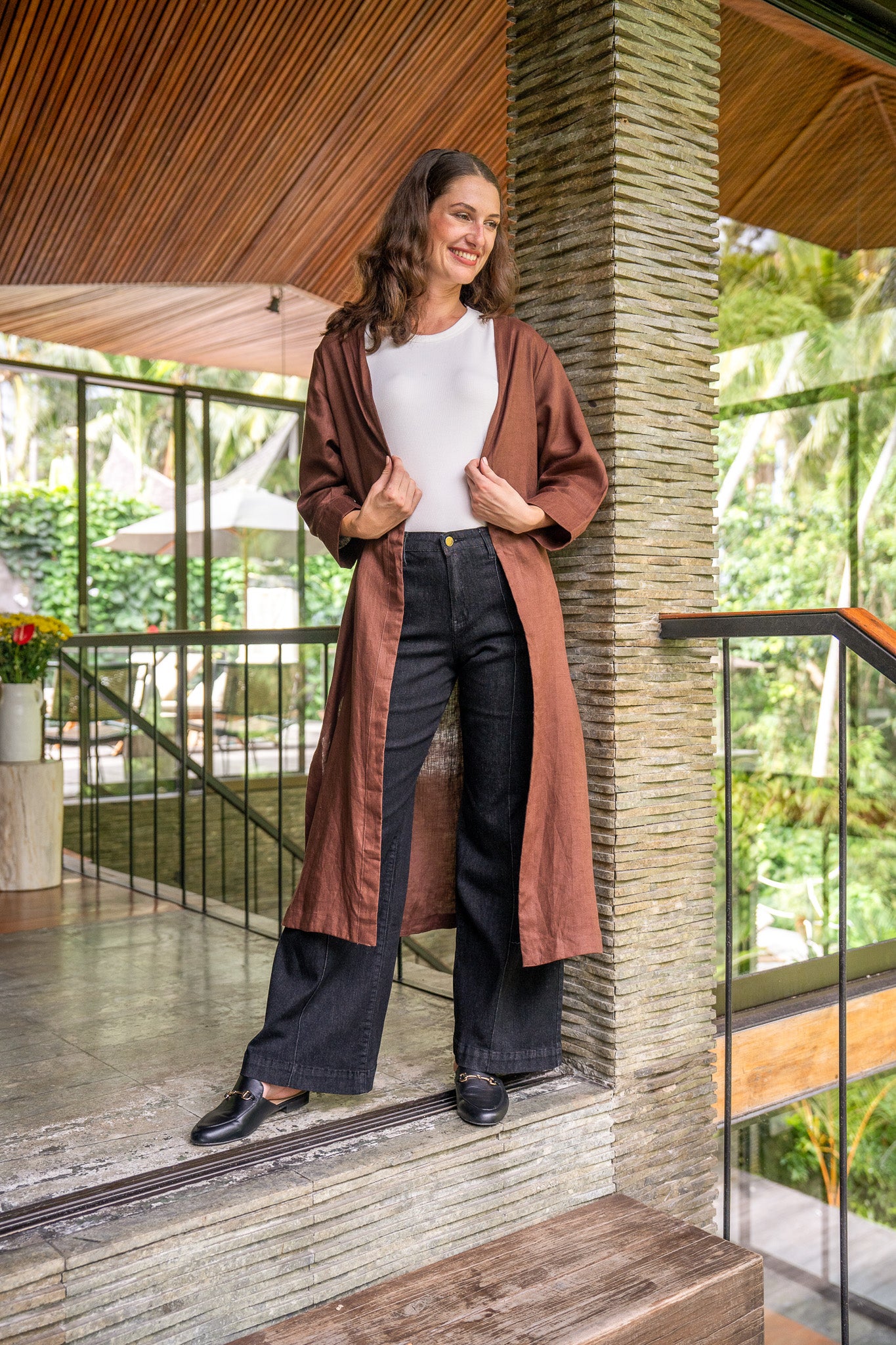 Long Line Linen Duster Jacket in Raisin Adrift Clothing