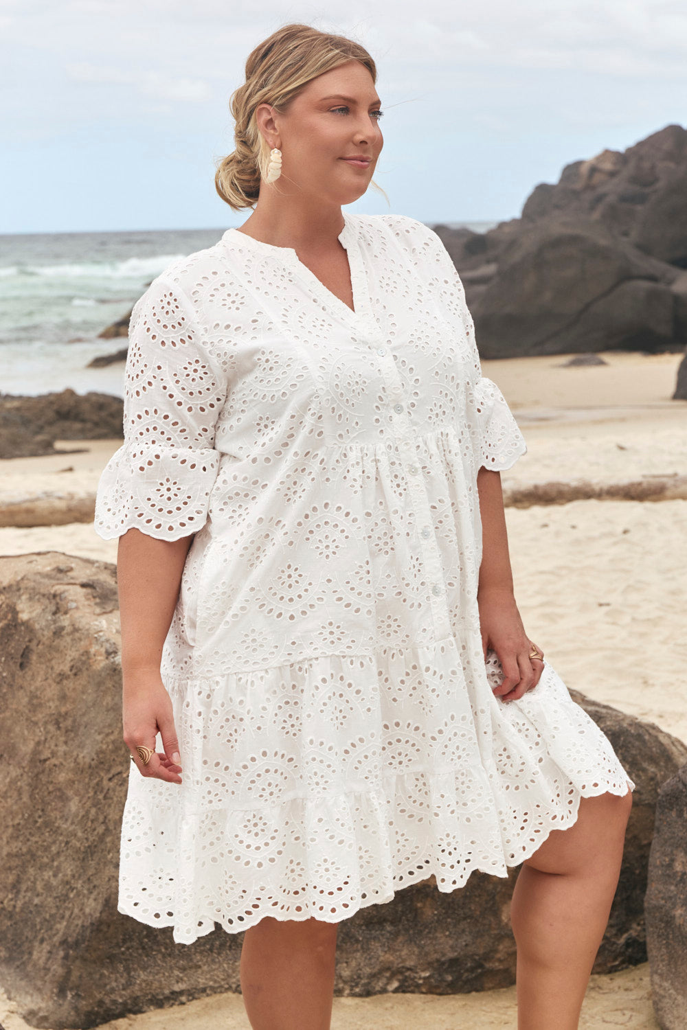 Lynette Shift Dress in White Broderie