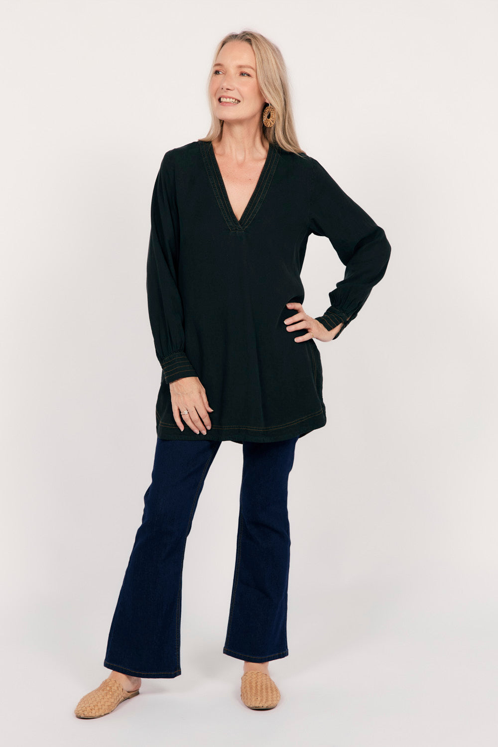 Maggie Tencel Tunic Top in Black, Blouse - Adrift Clothing