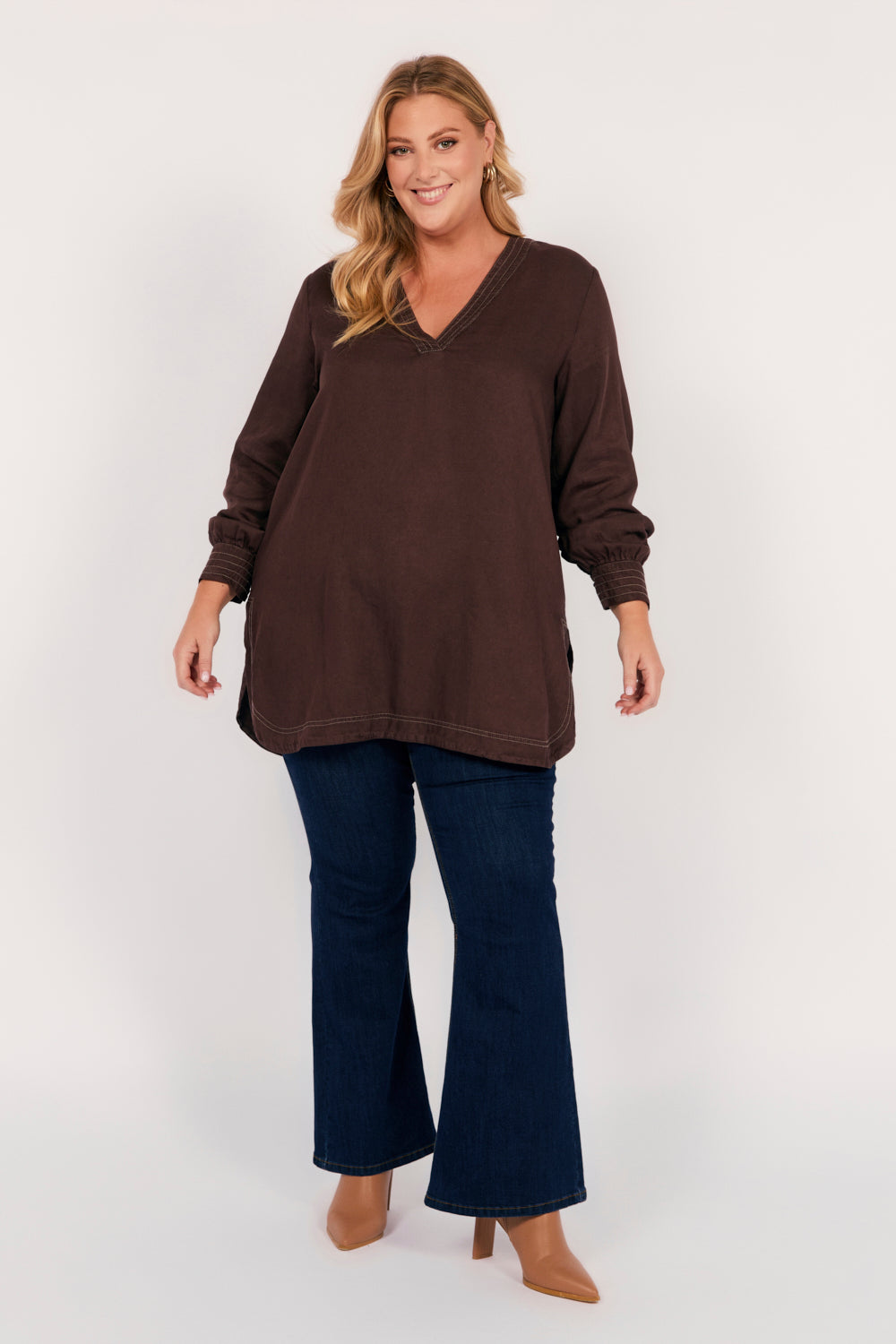 Maggie Tencel Tunic Top in Chocolate, Blouse - Adrift Clothing