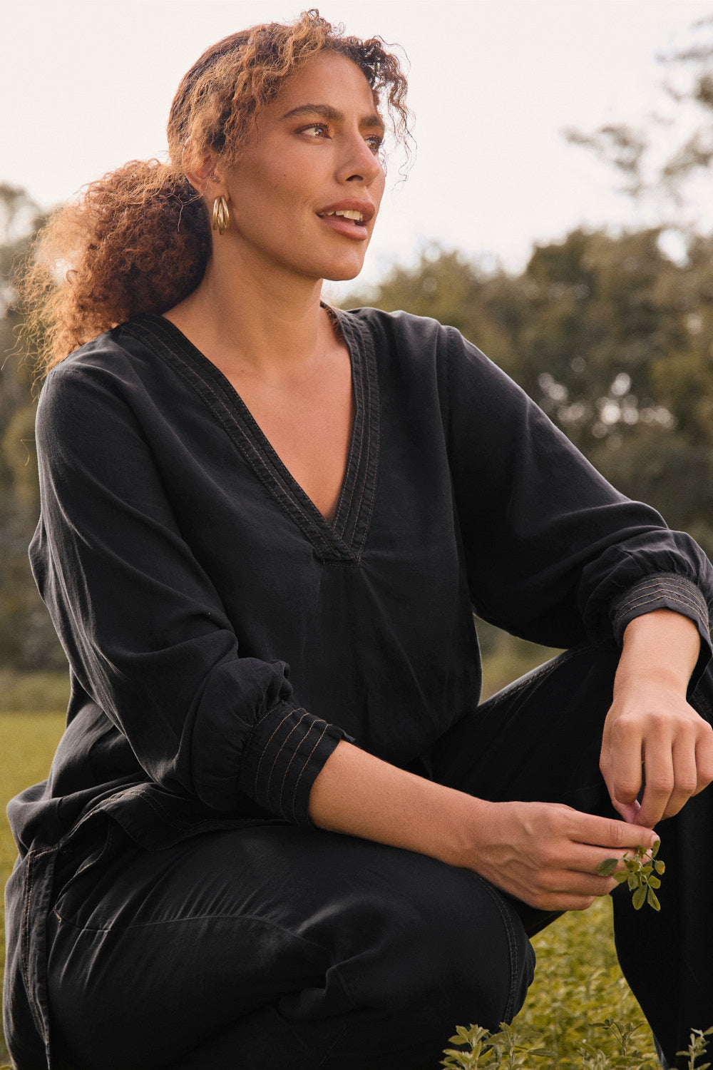 Maggie Tencel Tunic Top in Black, Blouse - Adrift Clothing