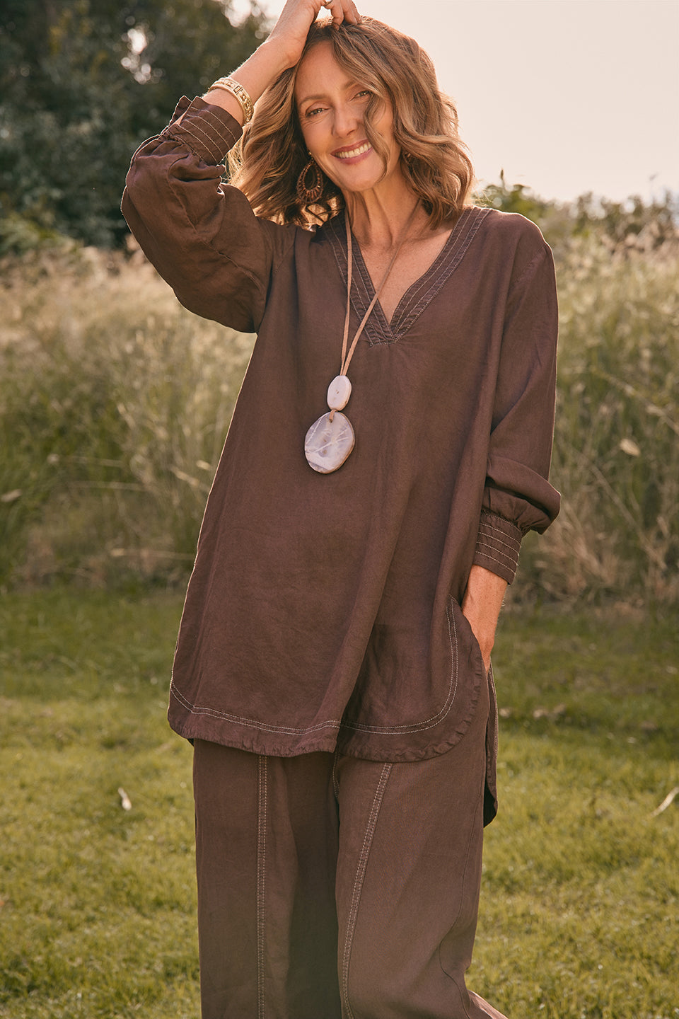 Maggie Tencel Tunic Top in Chocolate, Blouse - Adrift Clothing