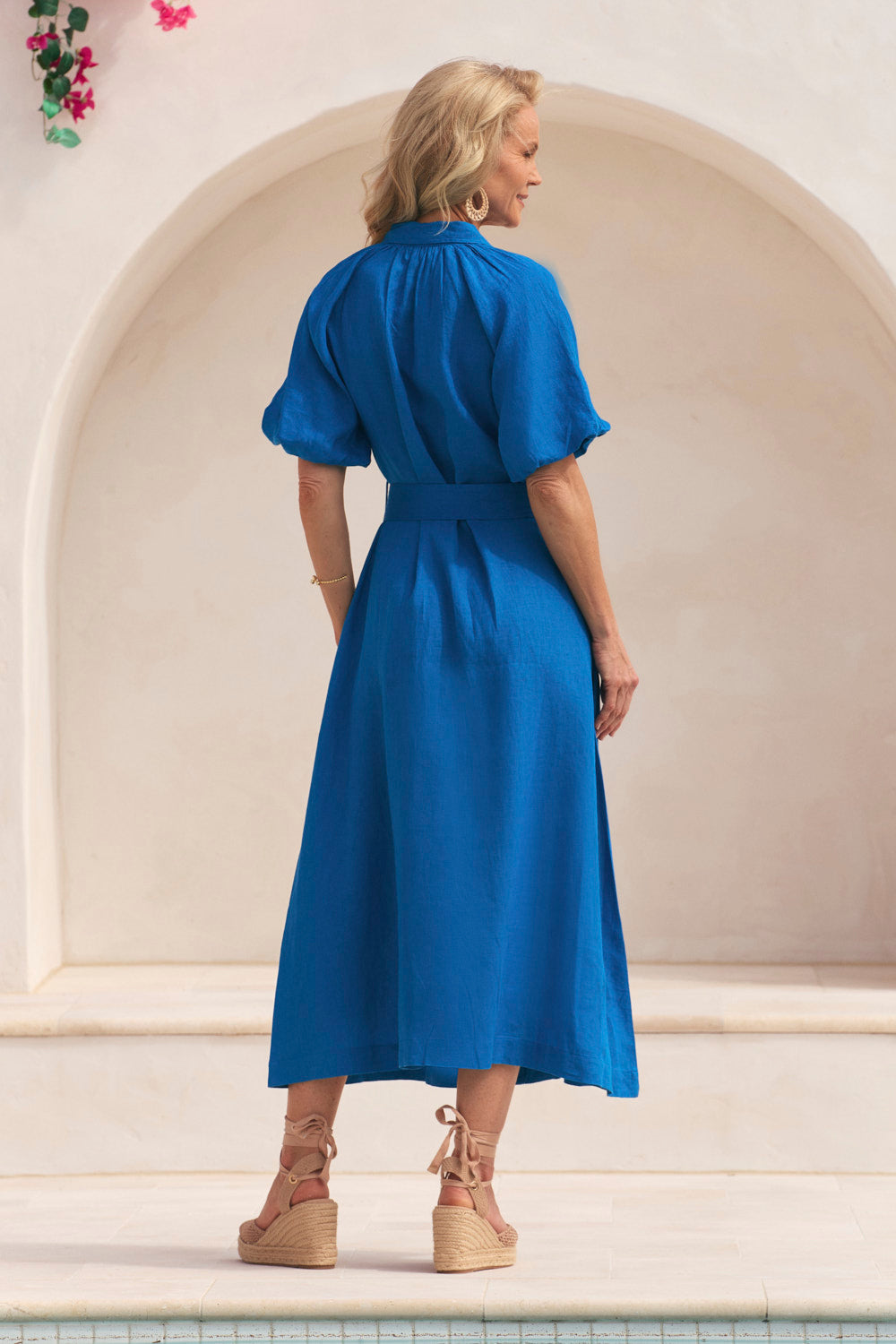 Matilda Linen Collared Dress in Mediterranean