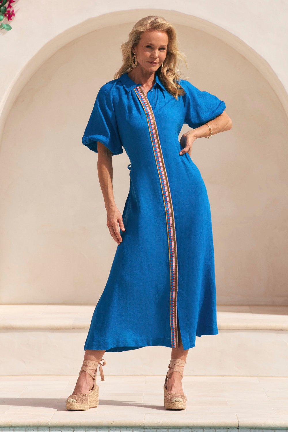 Matilda Linen Collared Dress in Mediterranean, Maxi Dress - Adrift Clothing