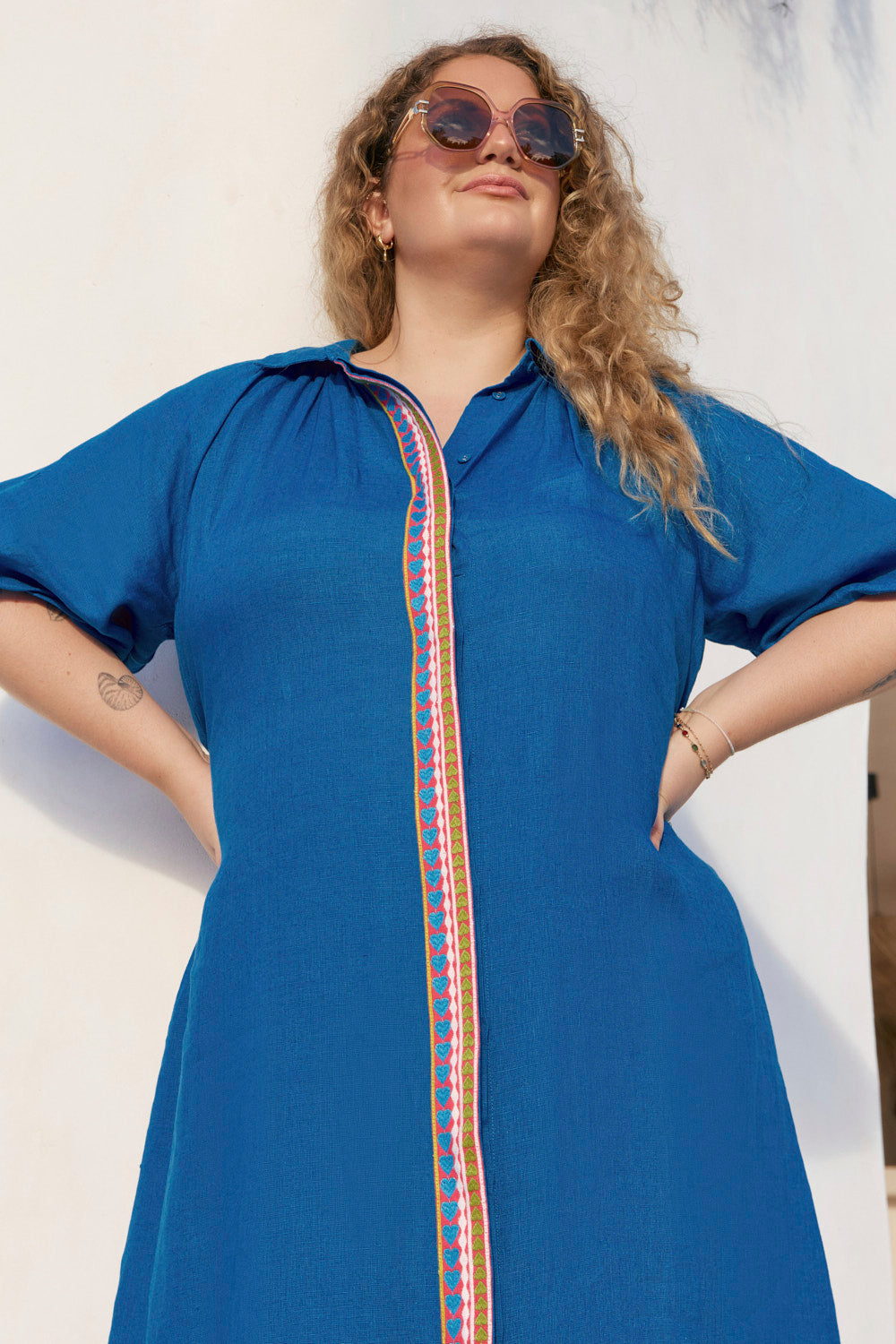 Matilda Linen Collared Dress in Mediterranean