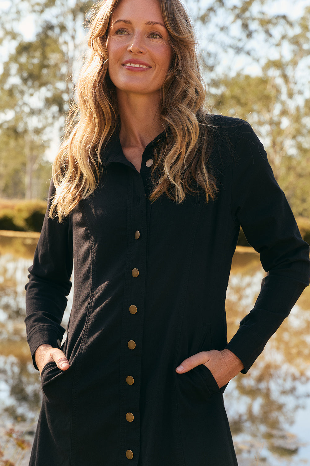 Maya Collared Dress in Black, Midi Dress - Adrift Clothing