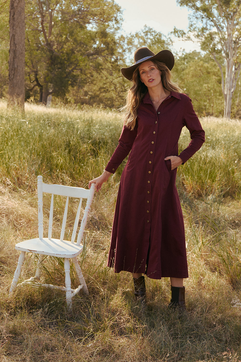Maya Collared Dress in Burgundy, Midi Dress - Adrift Clothing