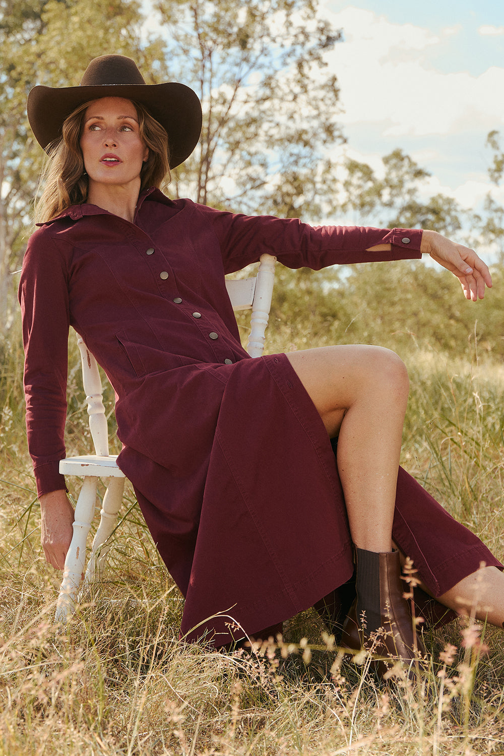 Maya Collared Dress in Burgundy, Midi Dress - Adrift Clothing