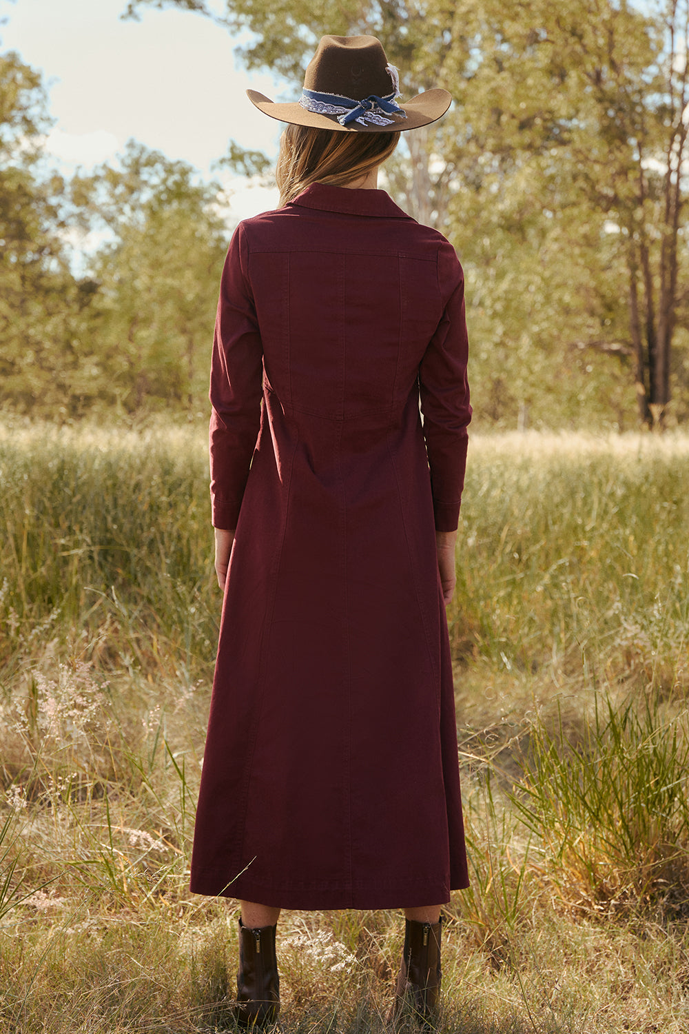 Maya Collared Dress in Burgundy, Midi Dress - Adrift Clothing