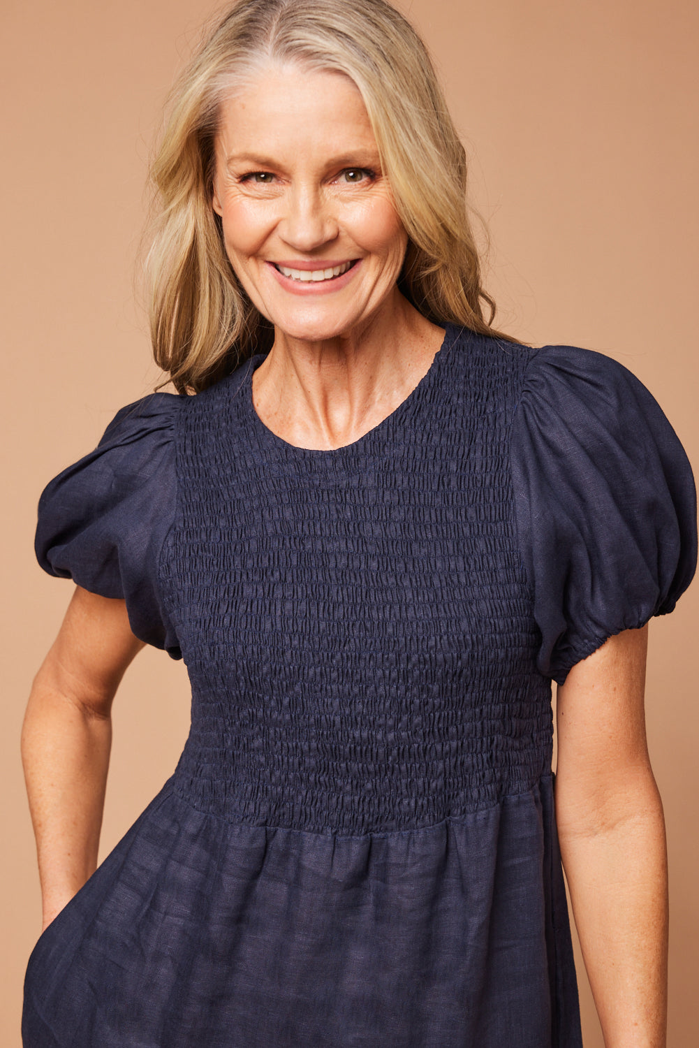 Minden Linen Shirred Short Sleeve Dress in Navy, Maxi Dress - Adrift Clothing