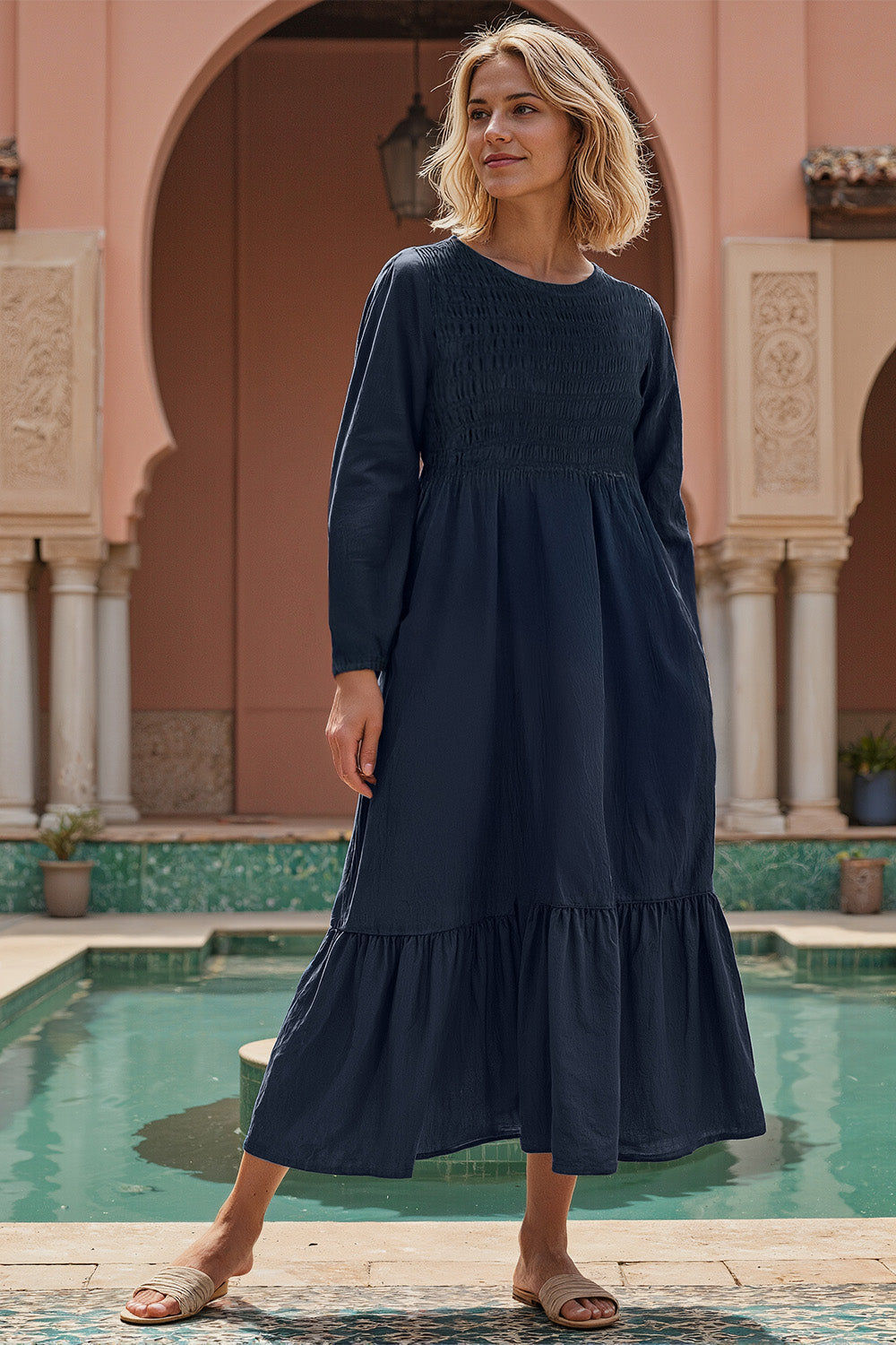 Minden Linen Long Sleeve Shirred Dress in Navy