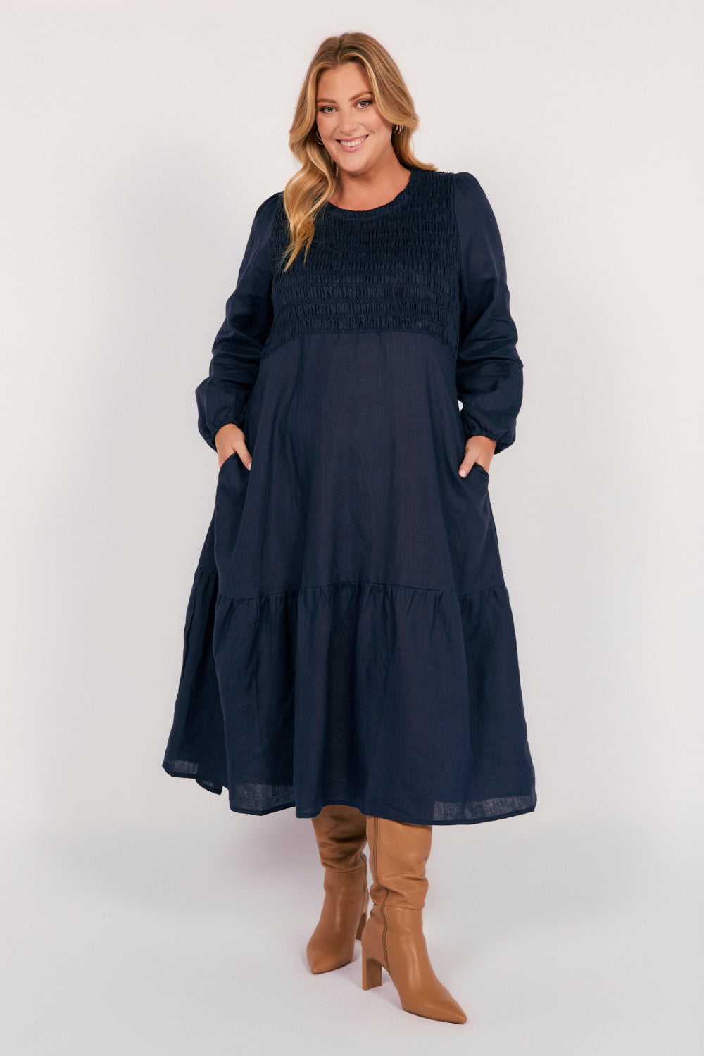 Minden Linen Long Sleeve Shirred Dress in Navy