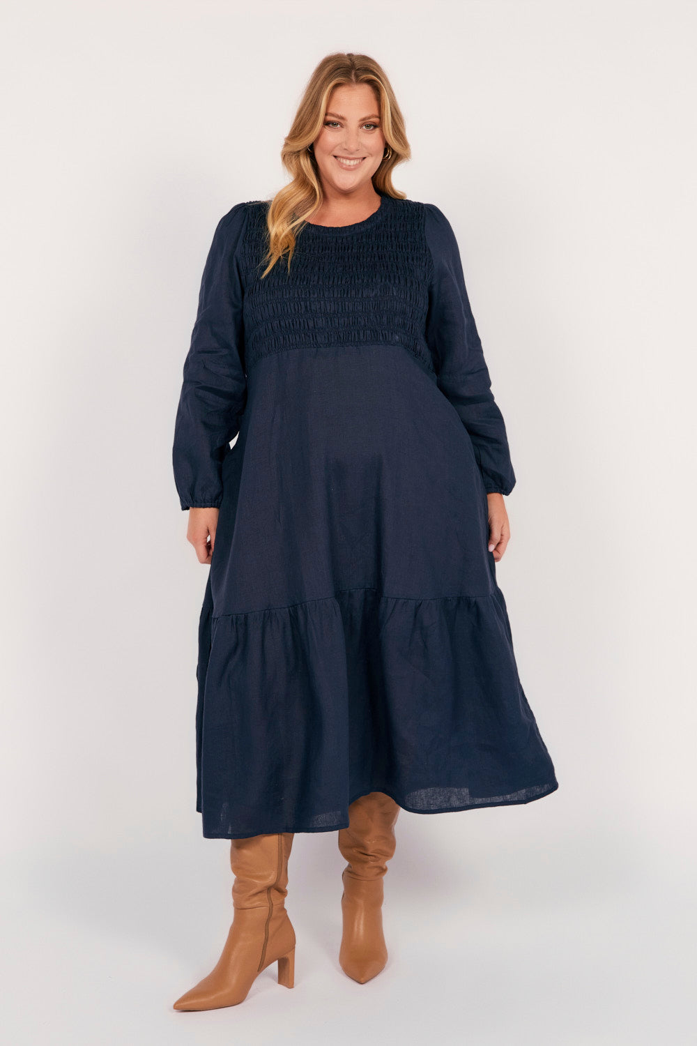 Minden Linen Long Sleeve Shirred Dress in Navy