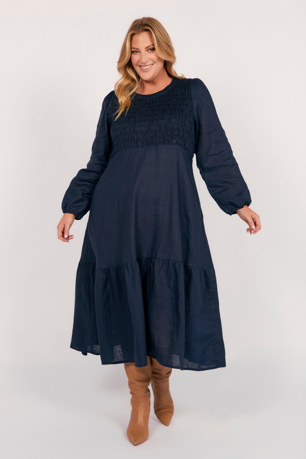 Minden Linen Long Sleeve Shirred Dress in Navy