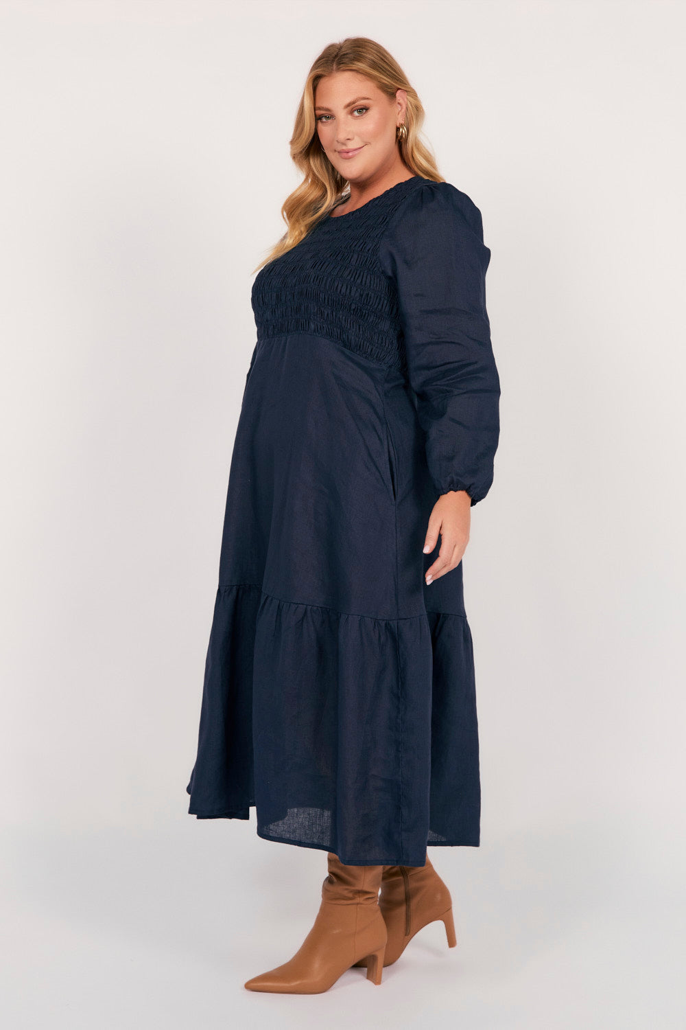 Minden Linen Long Sleeve Shirred Dress in Navy