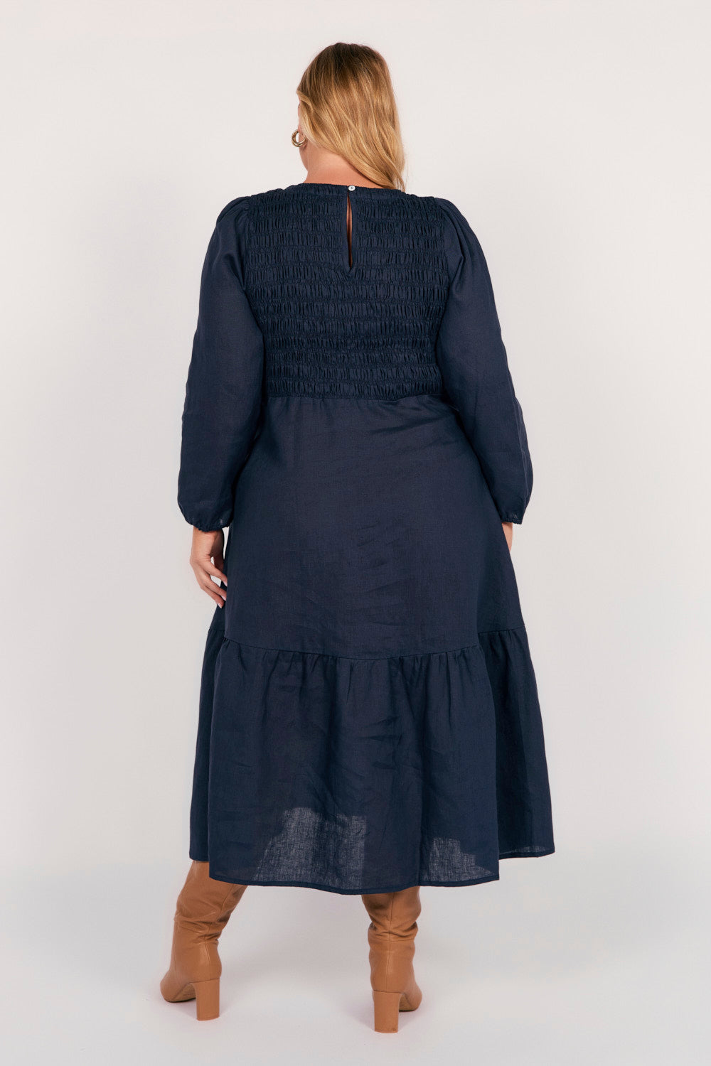 Minden Linen Long Sleeve Shirred Dress in Navy