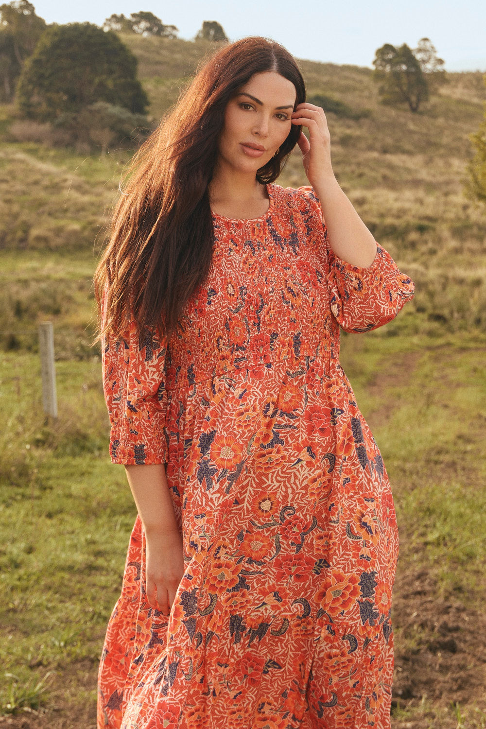 Minden Shirred Dress in Crimson Haze