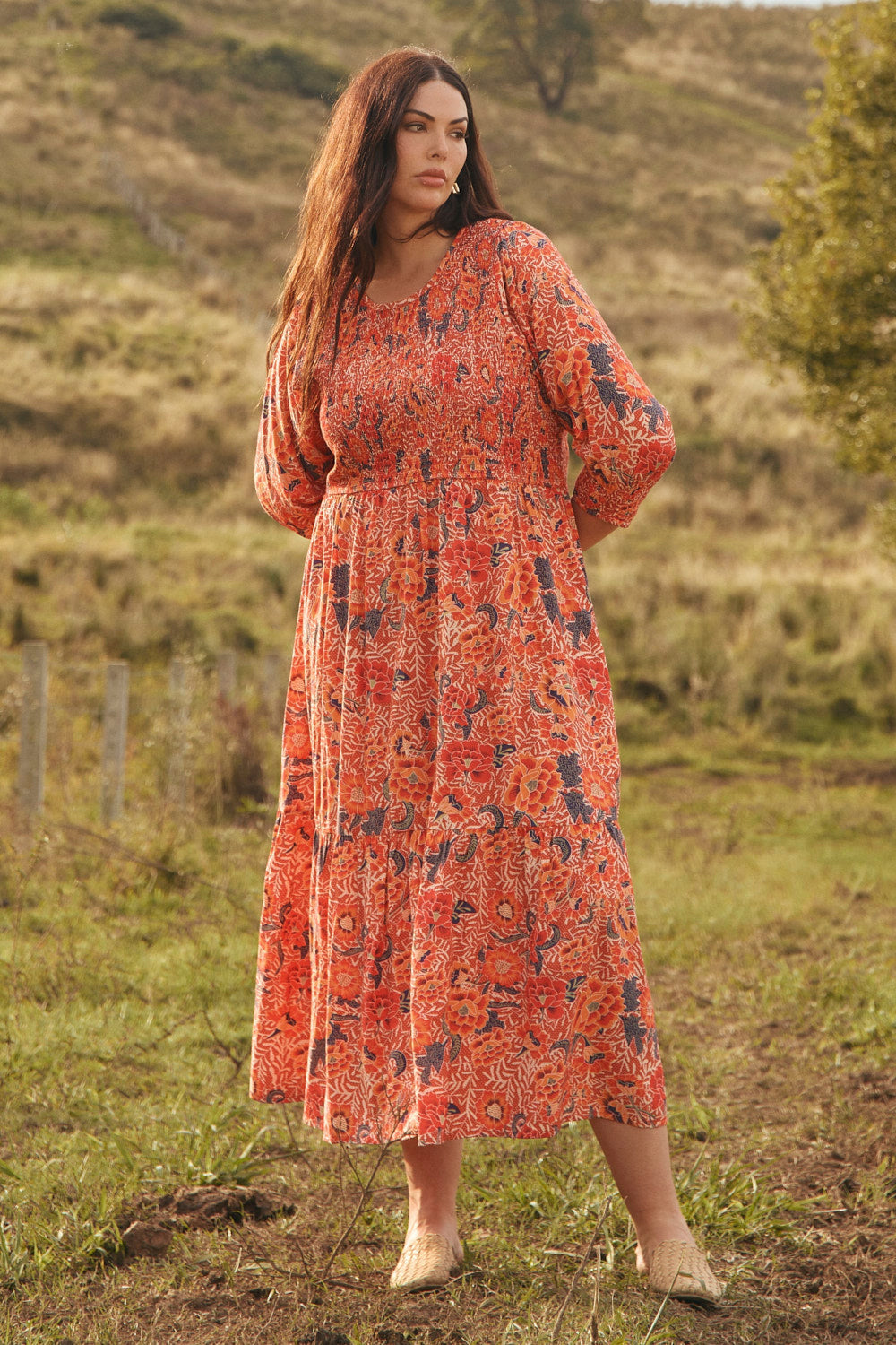 Minden Shirred Dress in Crimson Haze