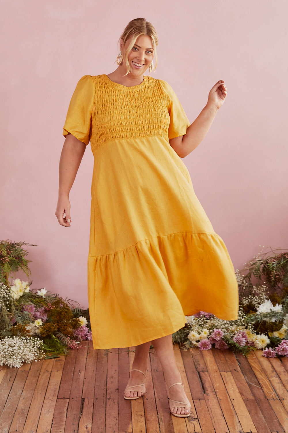 Minden Shirred Linen Dress in Golden Hour Adrift Clothing