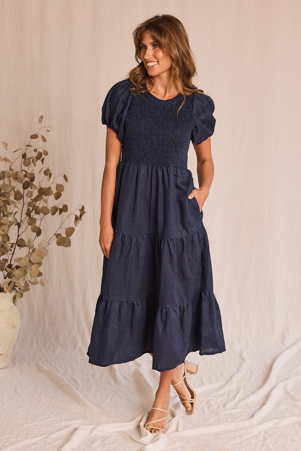 Basics by Adrift Minden Linen Shirred Dress in Navy - Linen, Long Sleeve Shape Basics by Adrift Minden Linen Shirred Dress in Navy - Linen, Long Sleeve Shape