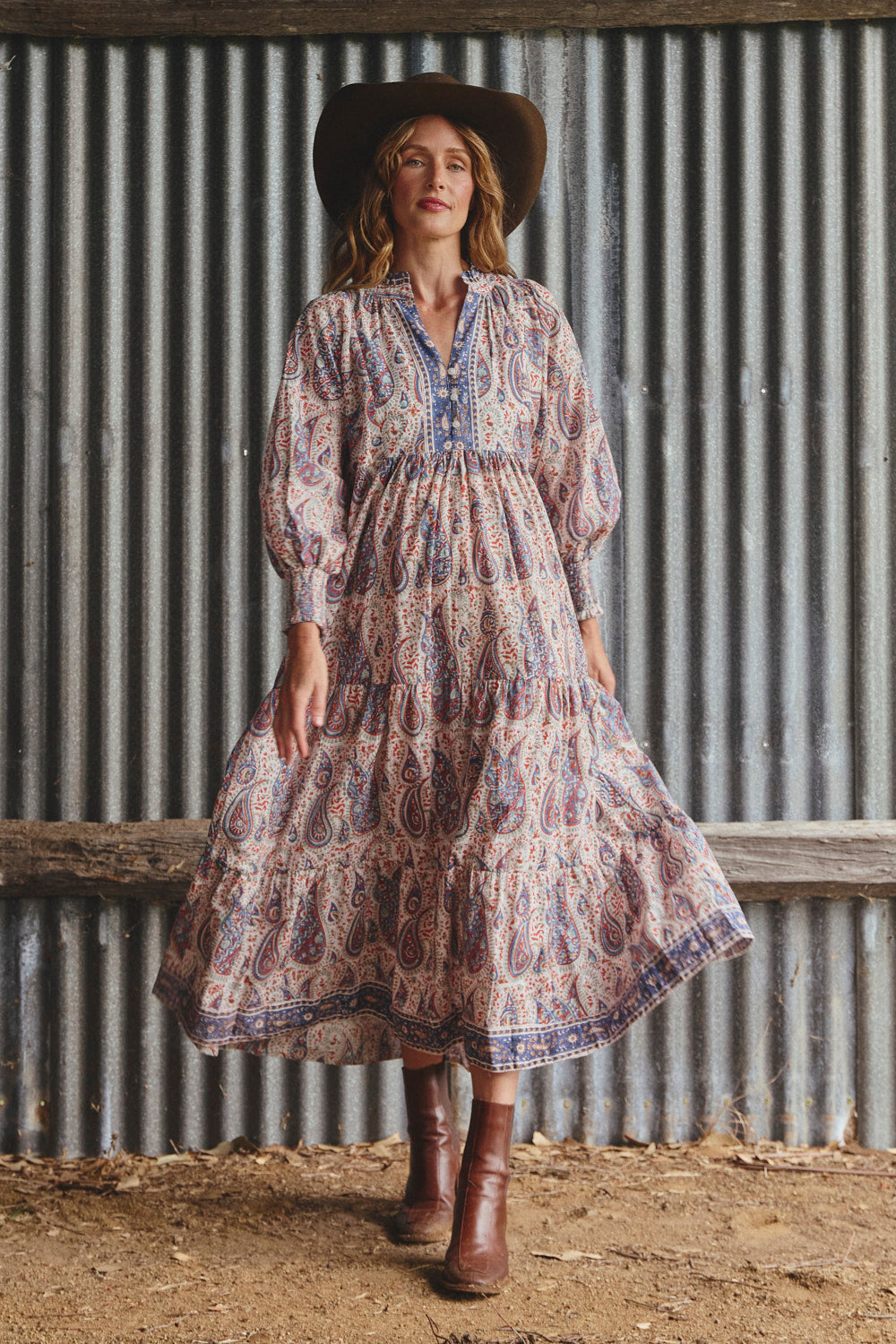 Mirabelle Frill Dress in Kalamkari, Maxi Dress - Adrift Clothing