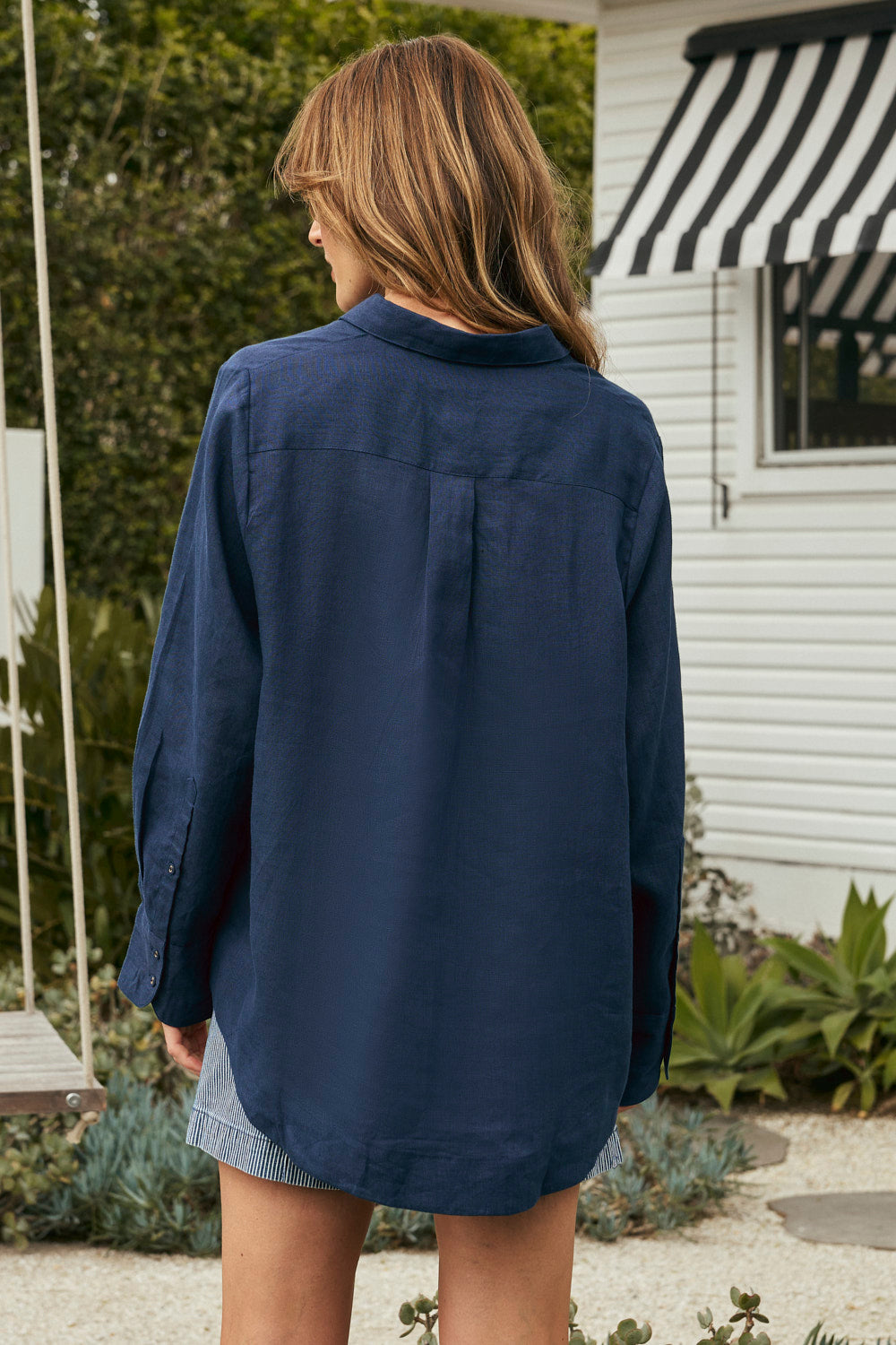 Oversized Linen Boyfriend Shirt in Navy