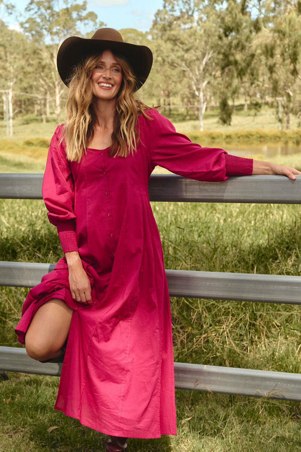Ophelia Button Through Dress in Magenta, breathable 100% cotton voile, Adrift