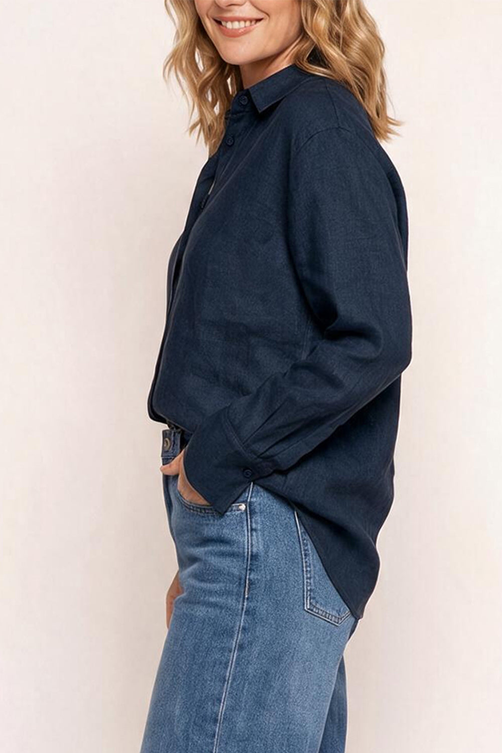 Oversized Linen Boyfriend Shirt in Navy