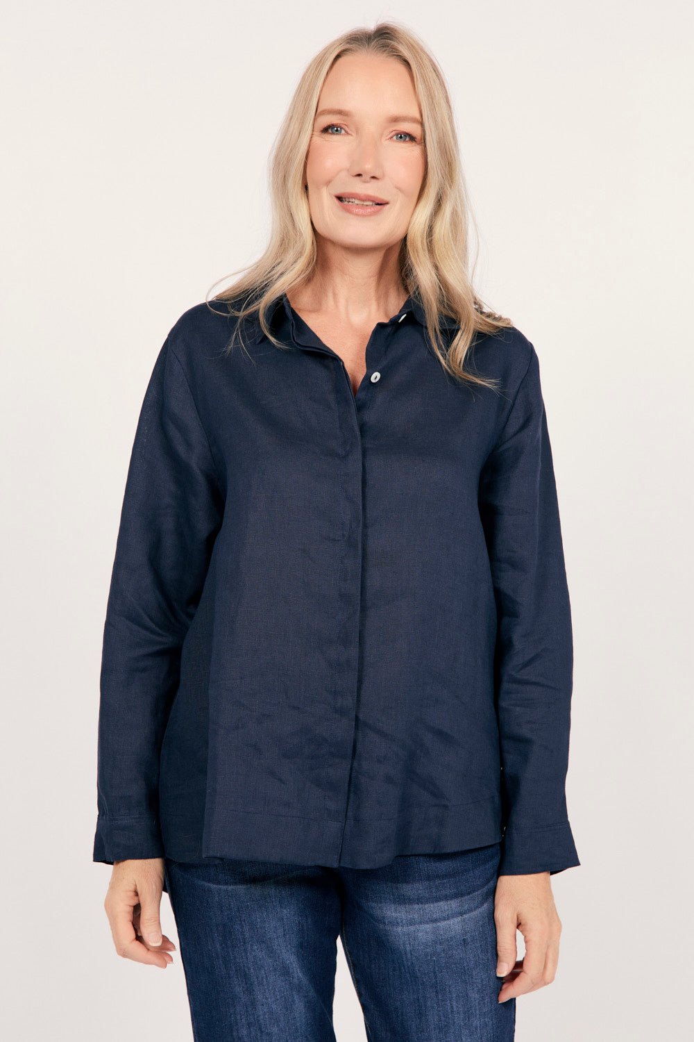 Oversized Linen Boyfriend Shirt in Navy